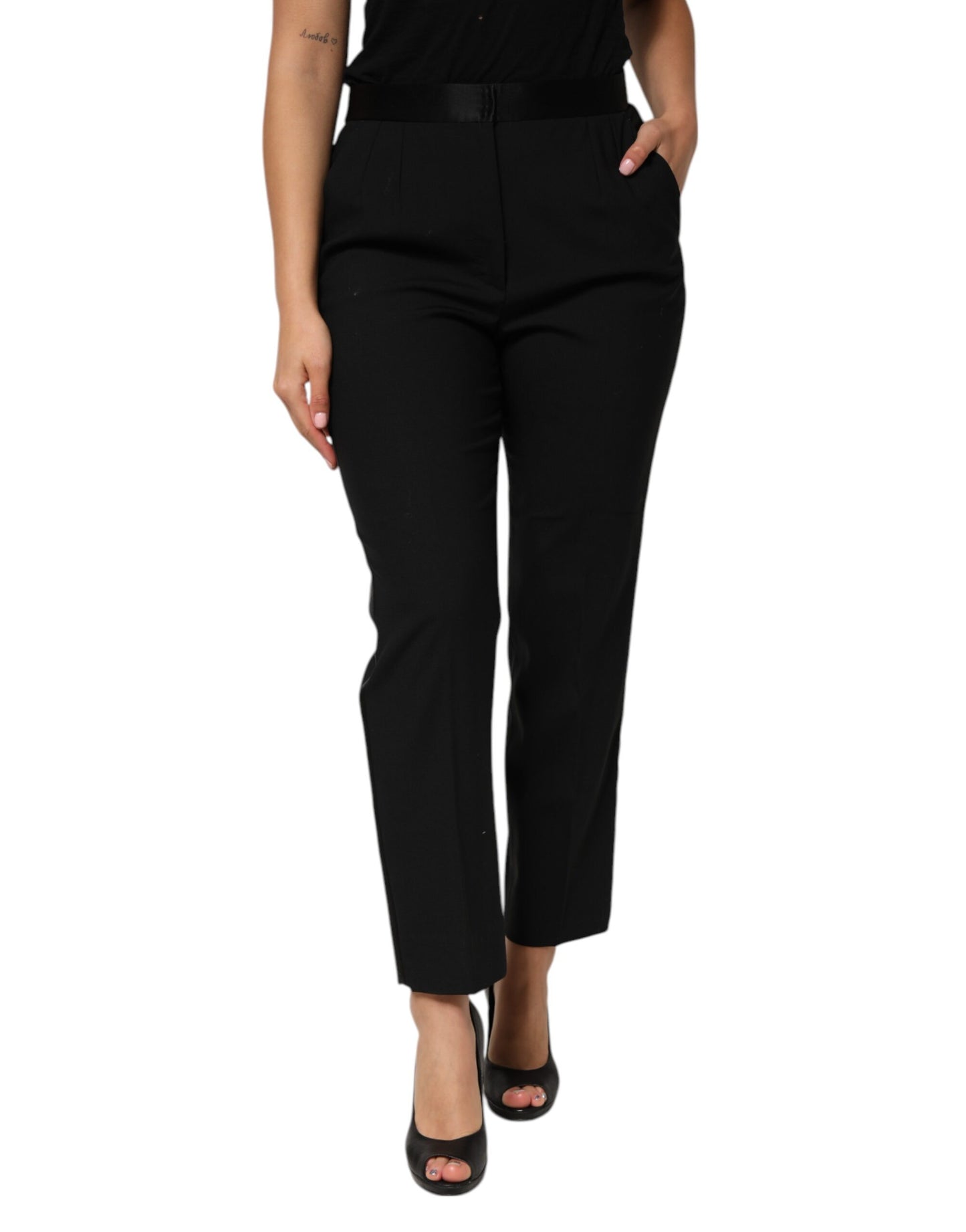 Dolce & Gabbana Black Wool High Waist Tapered Trouser Pants