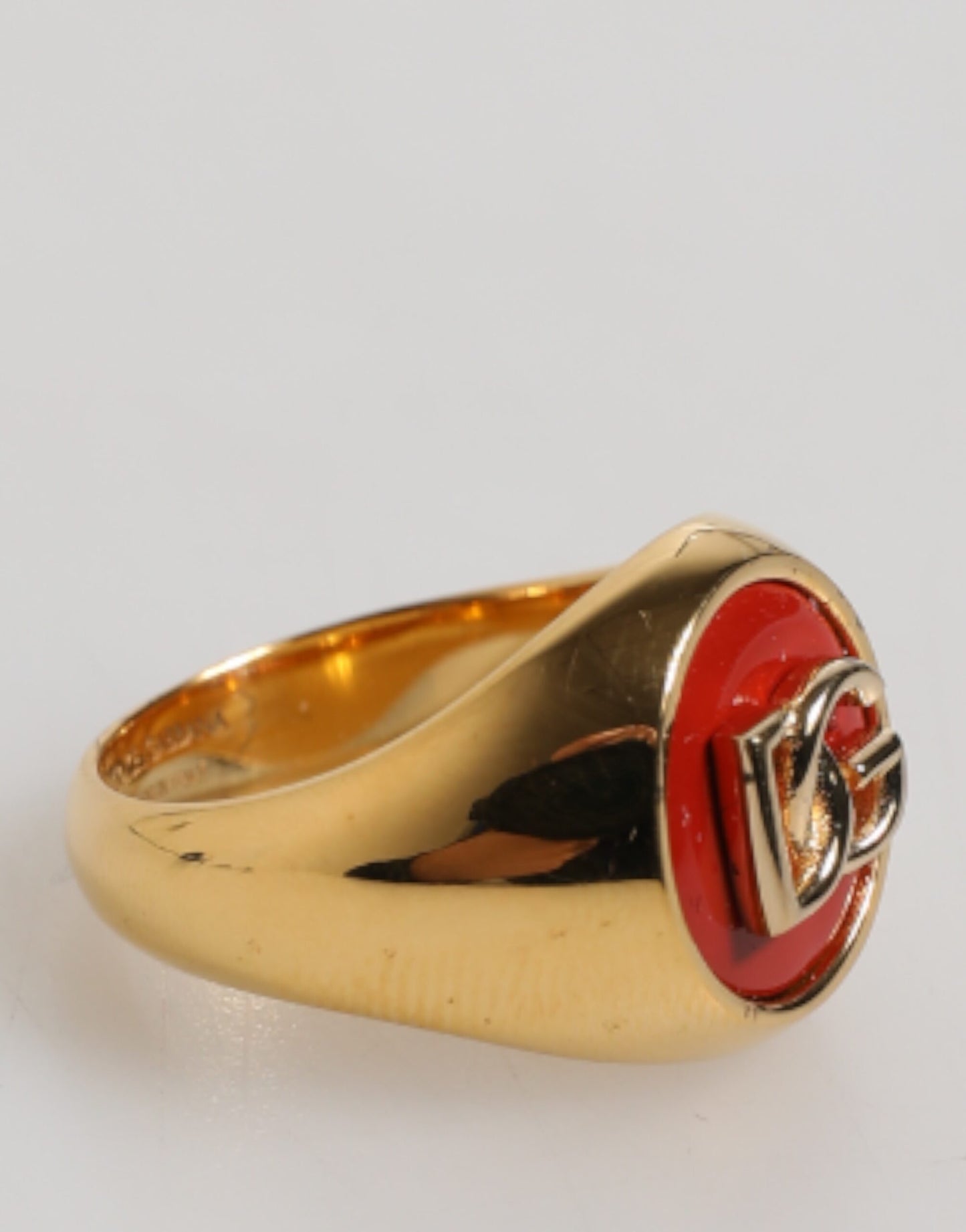 Dolce & Gabbana Gold Tone Real Brass Red DG Logo Men's Ring