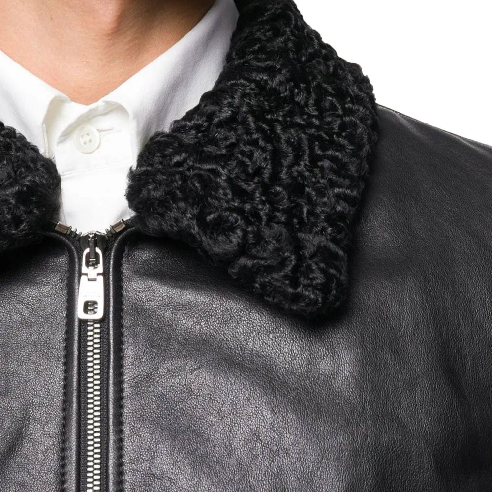 Dolce & Gabbana Black Lambskin Biker Jacket with Fur Collar