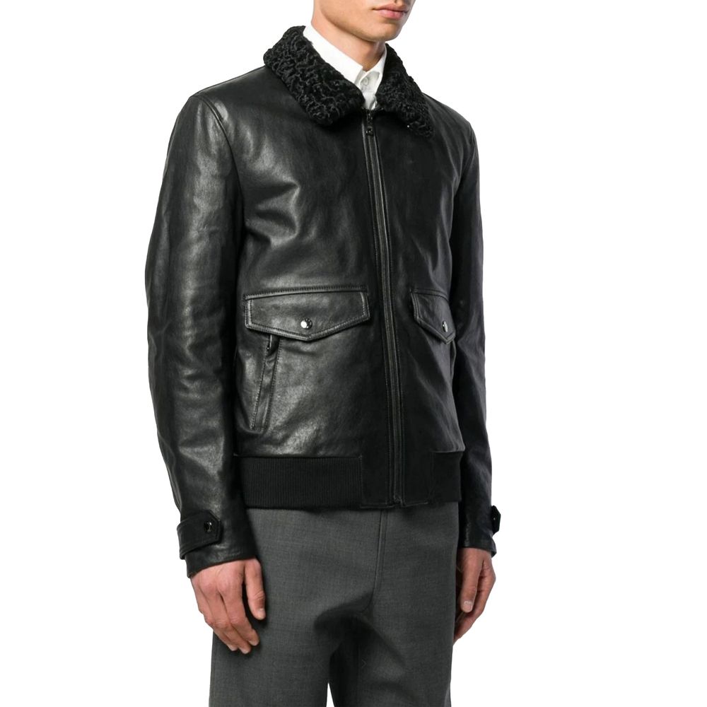 Dolce & Gabbana Black Lambskin Biker Jacket with Fur Collar