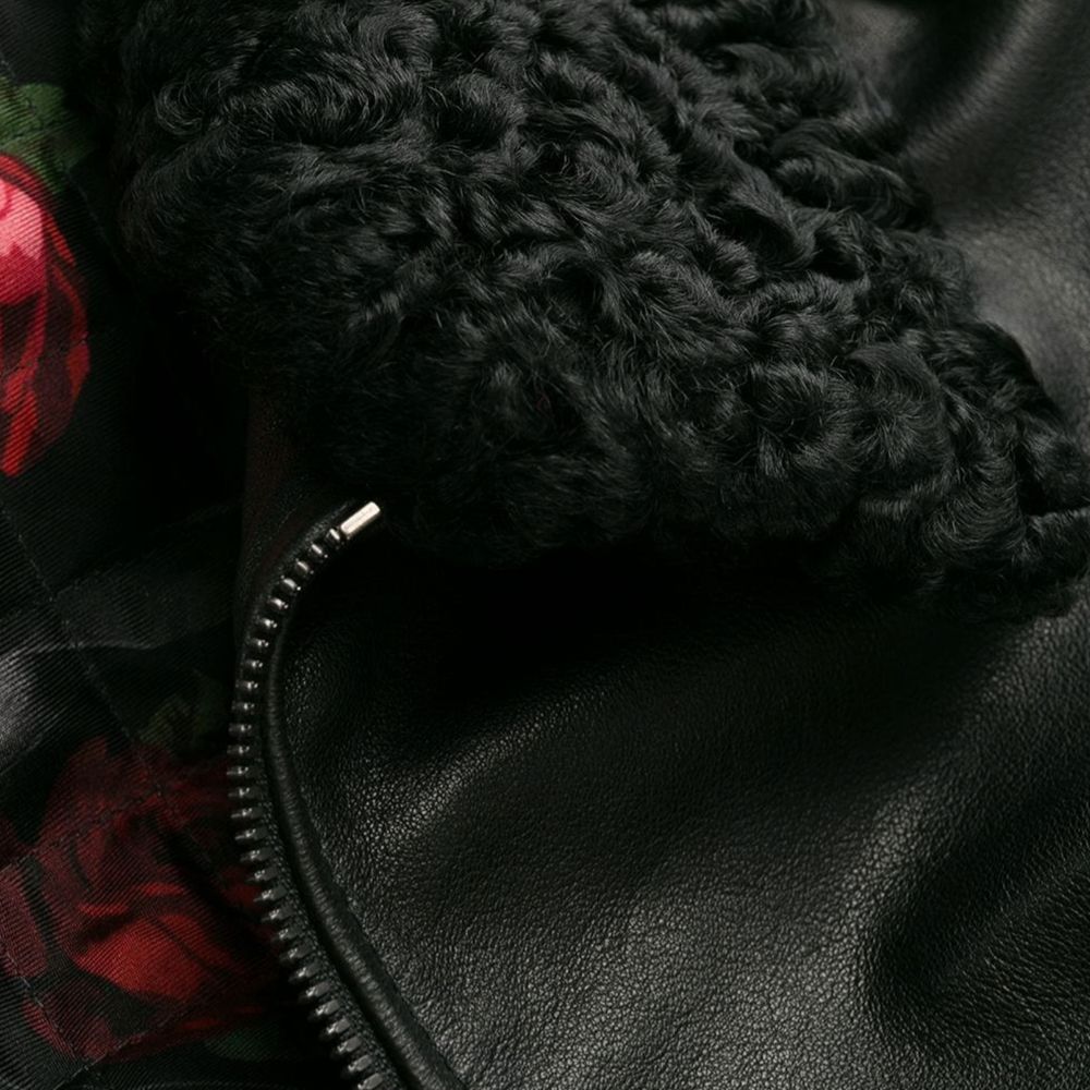 Dolce & Gabbana Black Lambskin Biker Jacket with Fur Collar