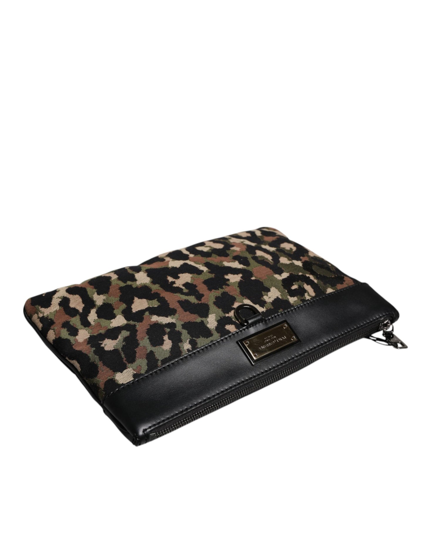 Dolce & Gabbana Camo Leopard Print Jacquard Logo Plaque Pouch Bag