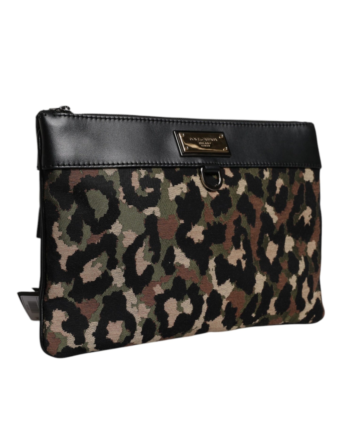 Dolce & Gabbana Camo Leopard Print Jacquard Logo Plaque Pouch Bag