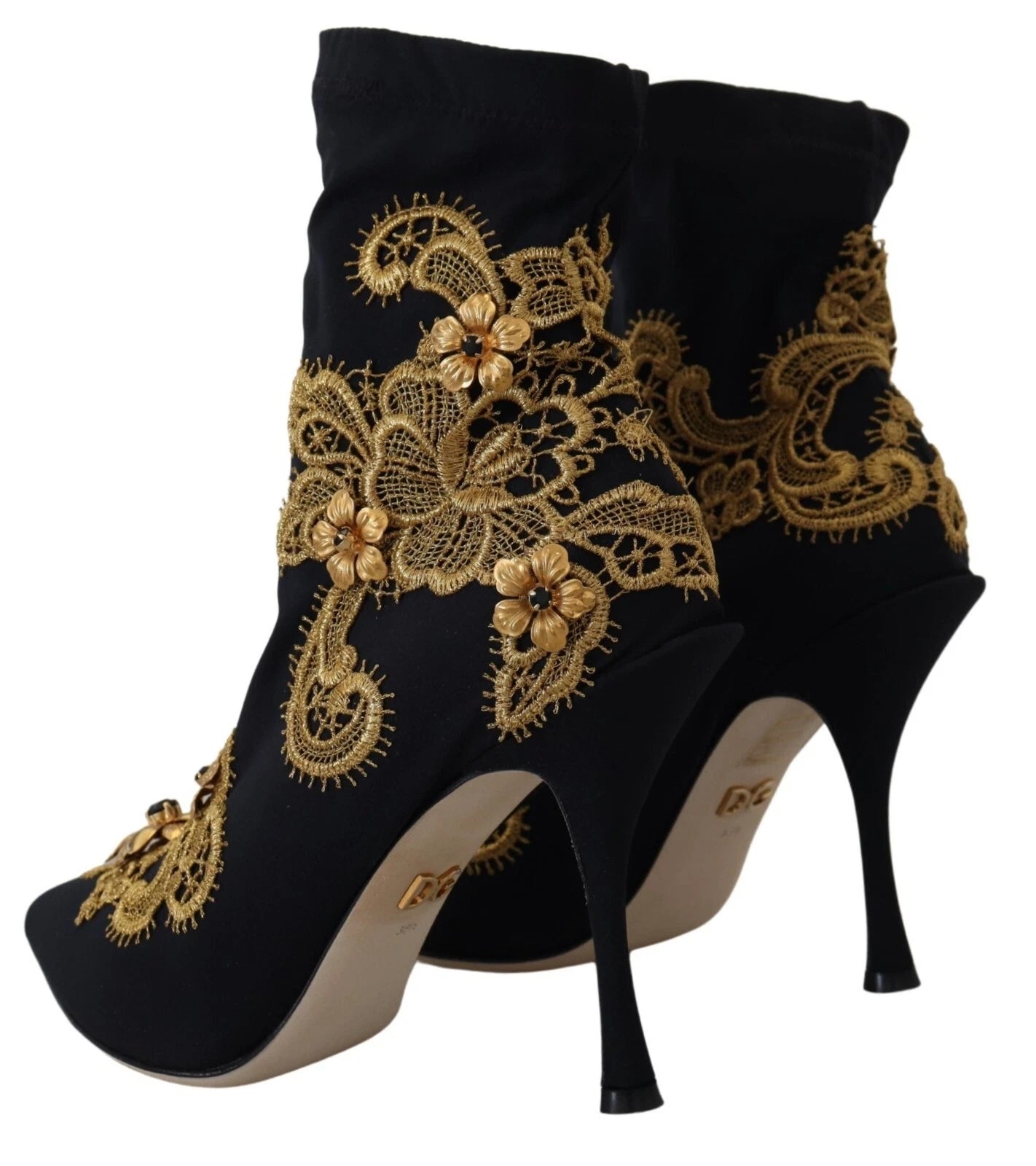Dolce & Gabbana Black Gold Embroidery Crystal Boots