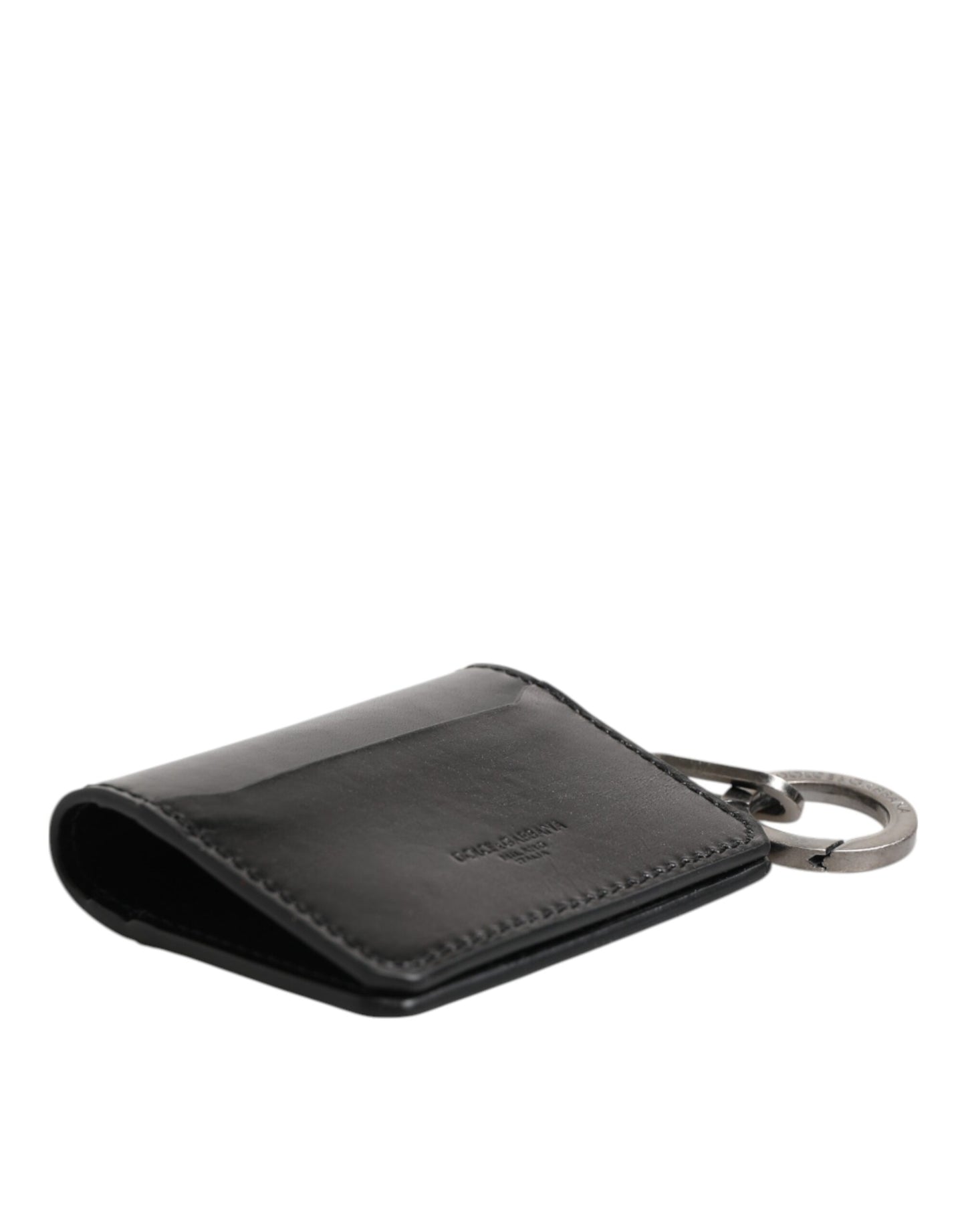Dolce & Gabbana Black Leather Logo Embossed Key Chain Card Holder Wallet
