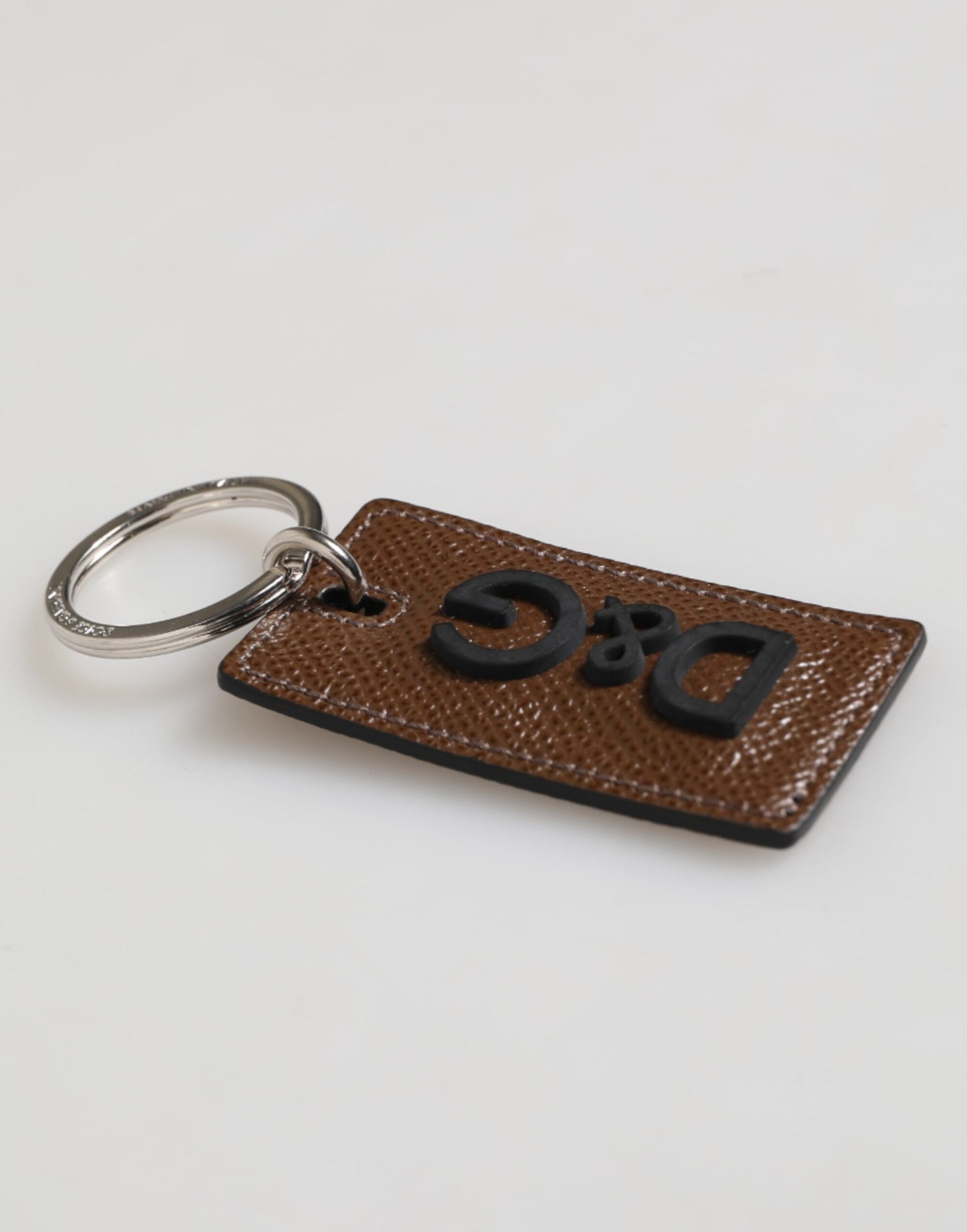 Dolce & Gabbana Dark Brown Leather Logo Metal Ring Keychain Holder