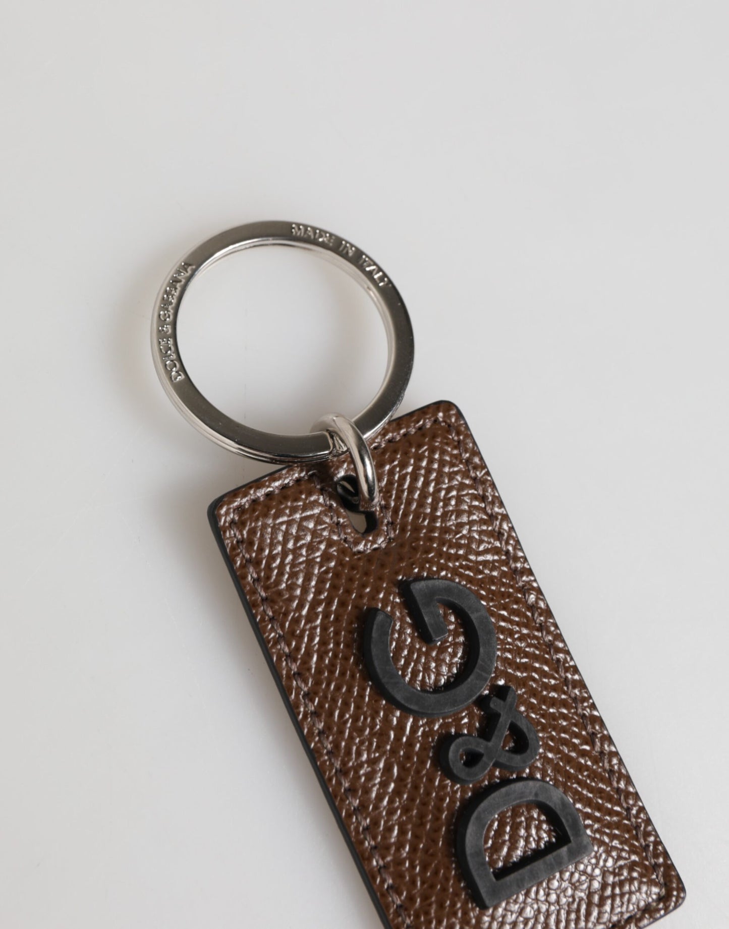 Dolce & Gabbana Dark Brown Leather Logo Metal Ring Keychain Holder