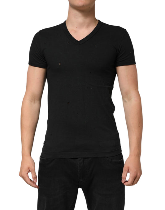 Dolce & Gabbana Black Cotton Tattered Logo V-Neck Men's T-Shirt