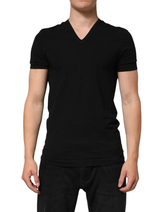 Dolce & Gabbana Black Cotton Slim Fit V-Neck T-Shirt for Men
