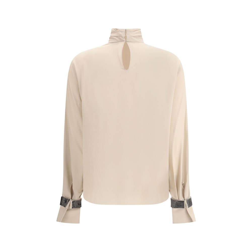 Brunello Cucinelli Silk Turtleneck Blouse with Precious Bracelets