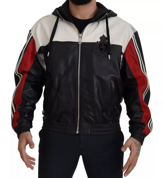 Dolce & Gabbana Black, White & Red Leather Hooded Blouson Jacket