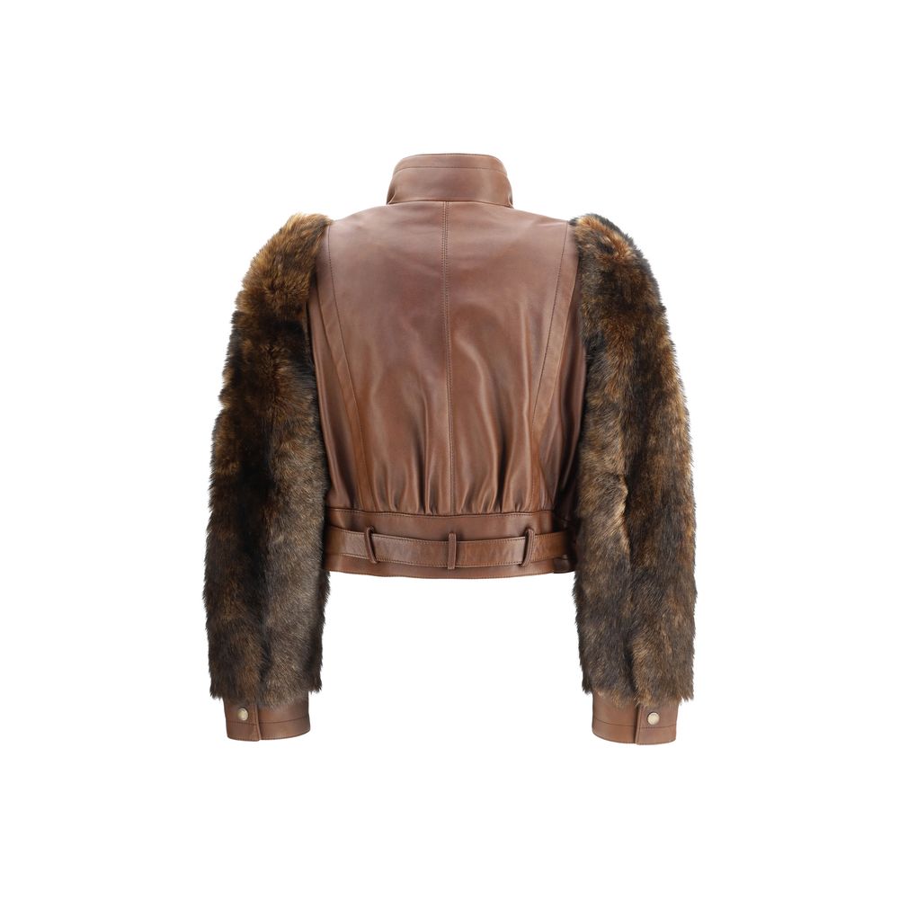 Chloé Brown Leather and Shearling Sleeves Short Jacket