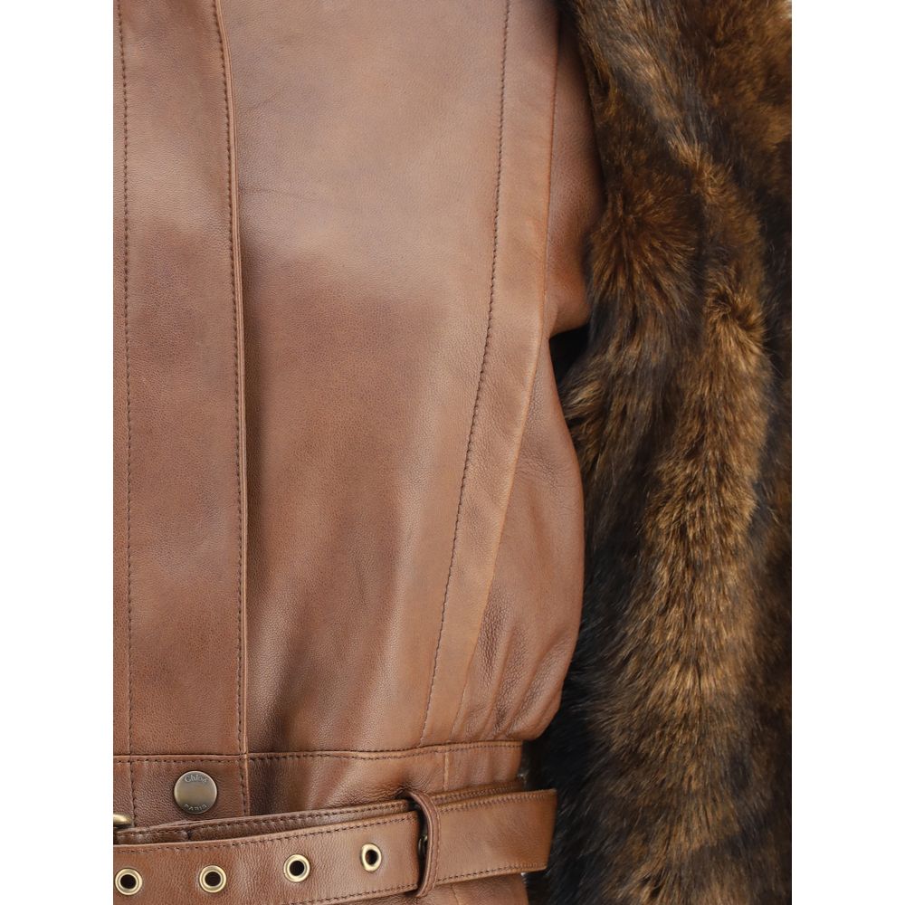 Chloé Brown Leather and Shearling Sleeves Short Jacket