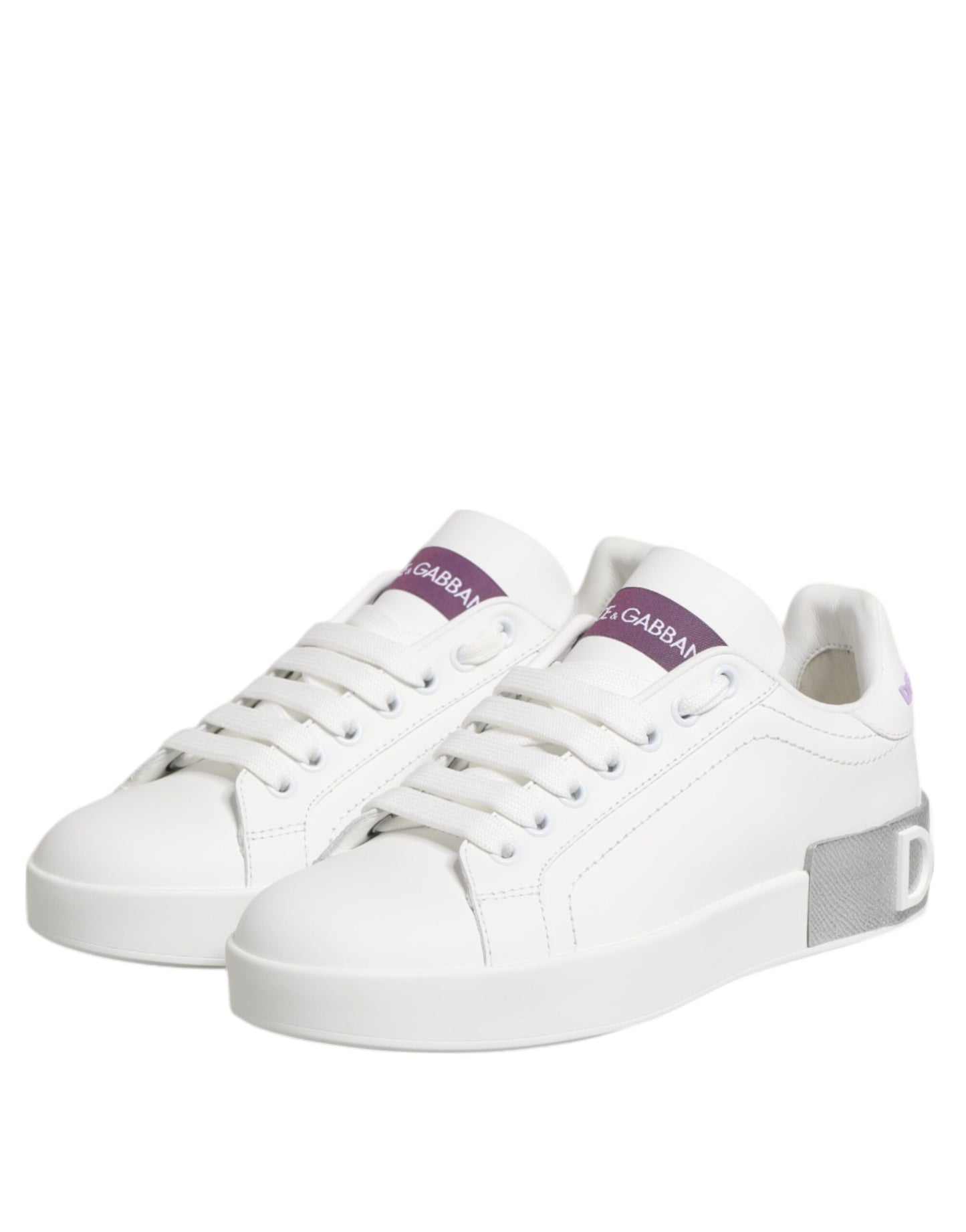 Dolce & Gabbana White Purple Leather Low Top Sneakers