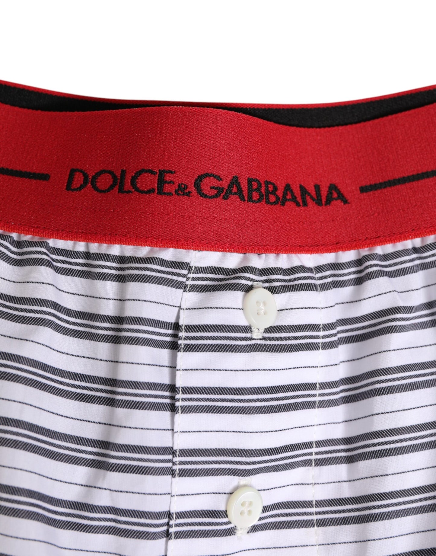 Dolce & Gabbana White Striped Cotton Red Waistband Swim Shorts