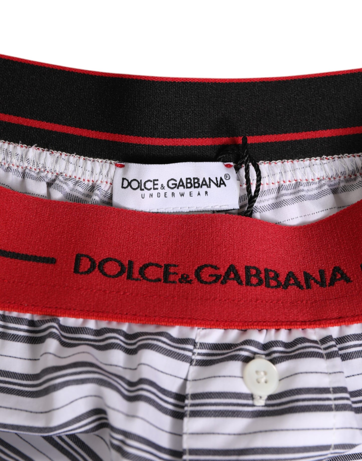 Dolce & Gabbana White Striped Cotton Red Waistband Swim Shorts