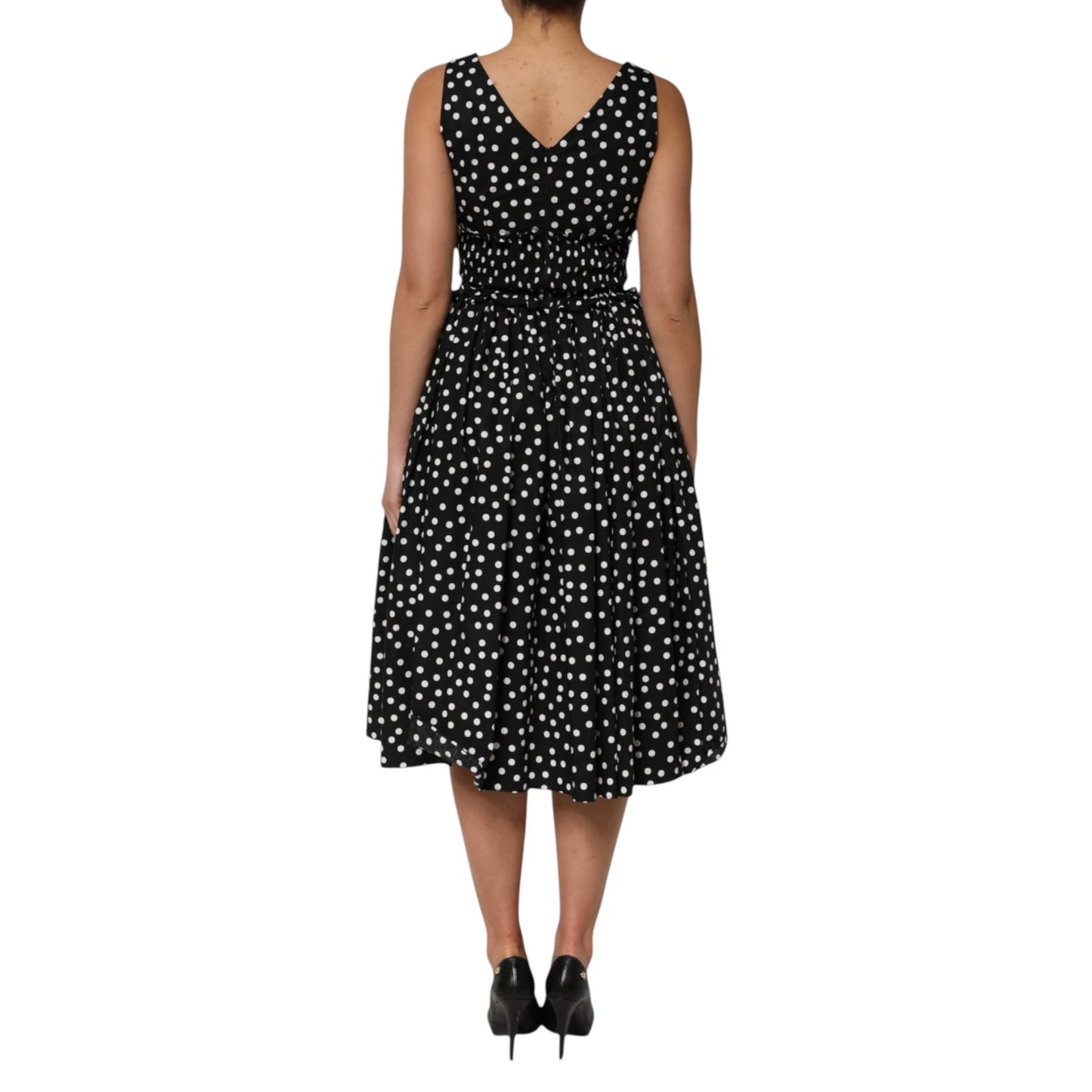 Dolce & Gabbana Black and White Cotton Polka Dot Print V Neck Dress