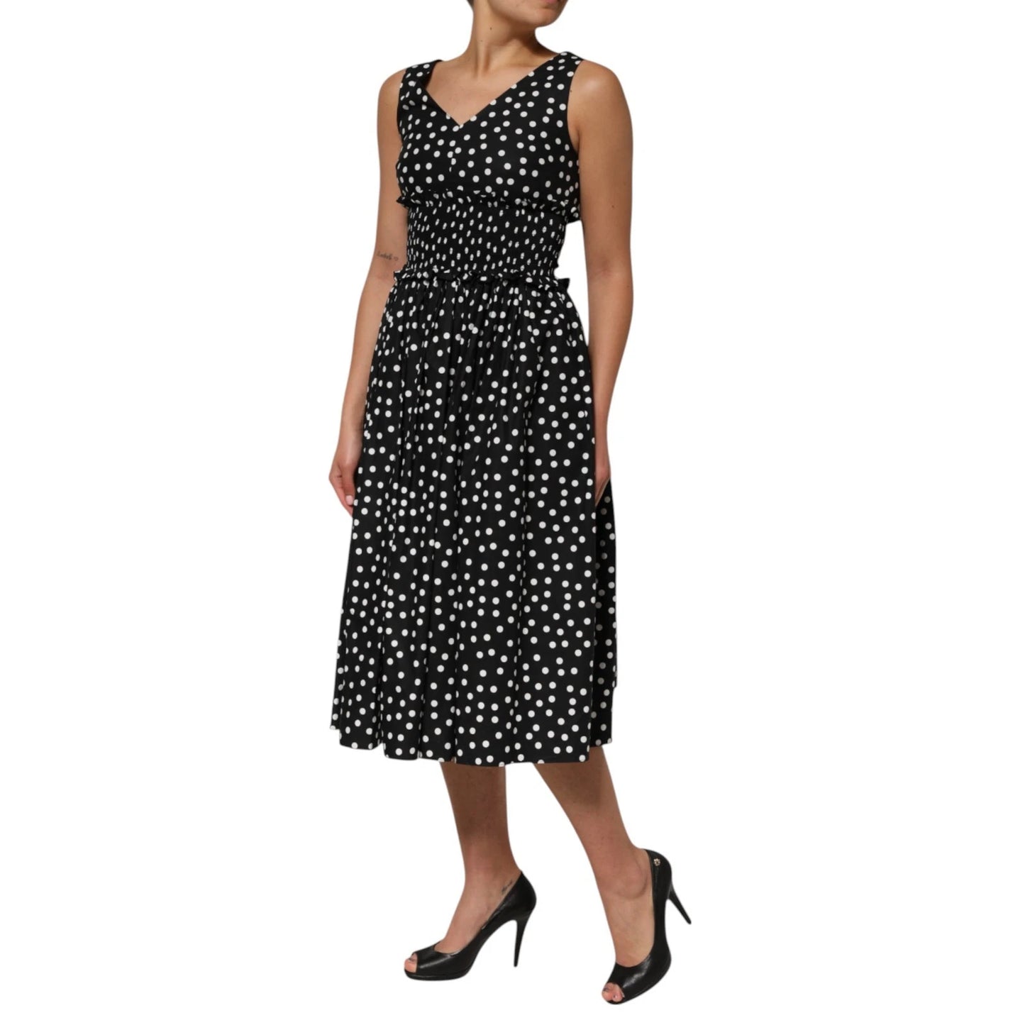 Dolce & Gabbana Black and White Cotton Polka Dot Print V Neck Dress