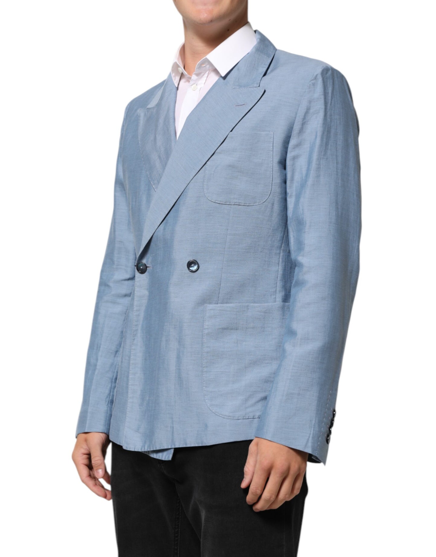 Dolce & Gabbana Light Blue Linen Double Breasted Men's Blazer Jacket