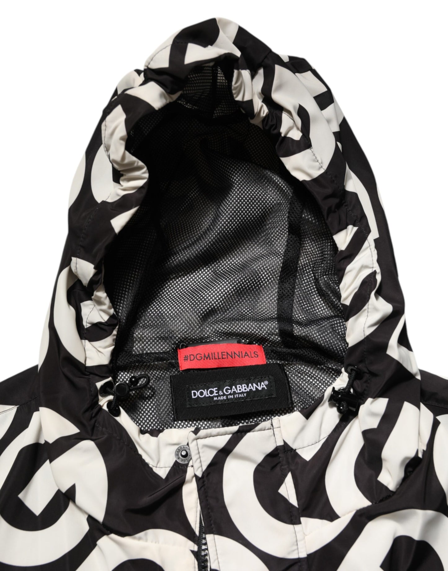 Dolce & Gabbana Black White Logo Print Hooded Coat for Men