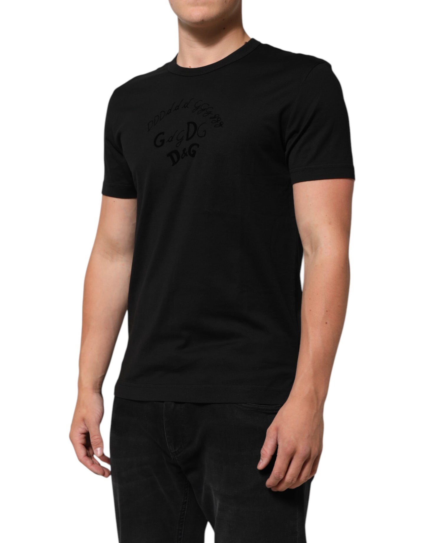 Dolce & Gabbana Black Cotton Velvet Logo Print Men's T-shirt