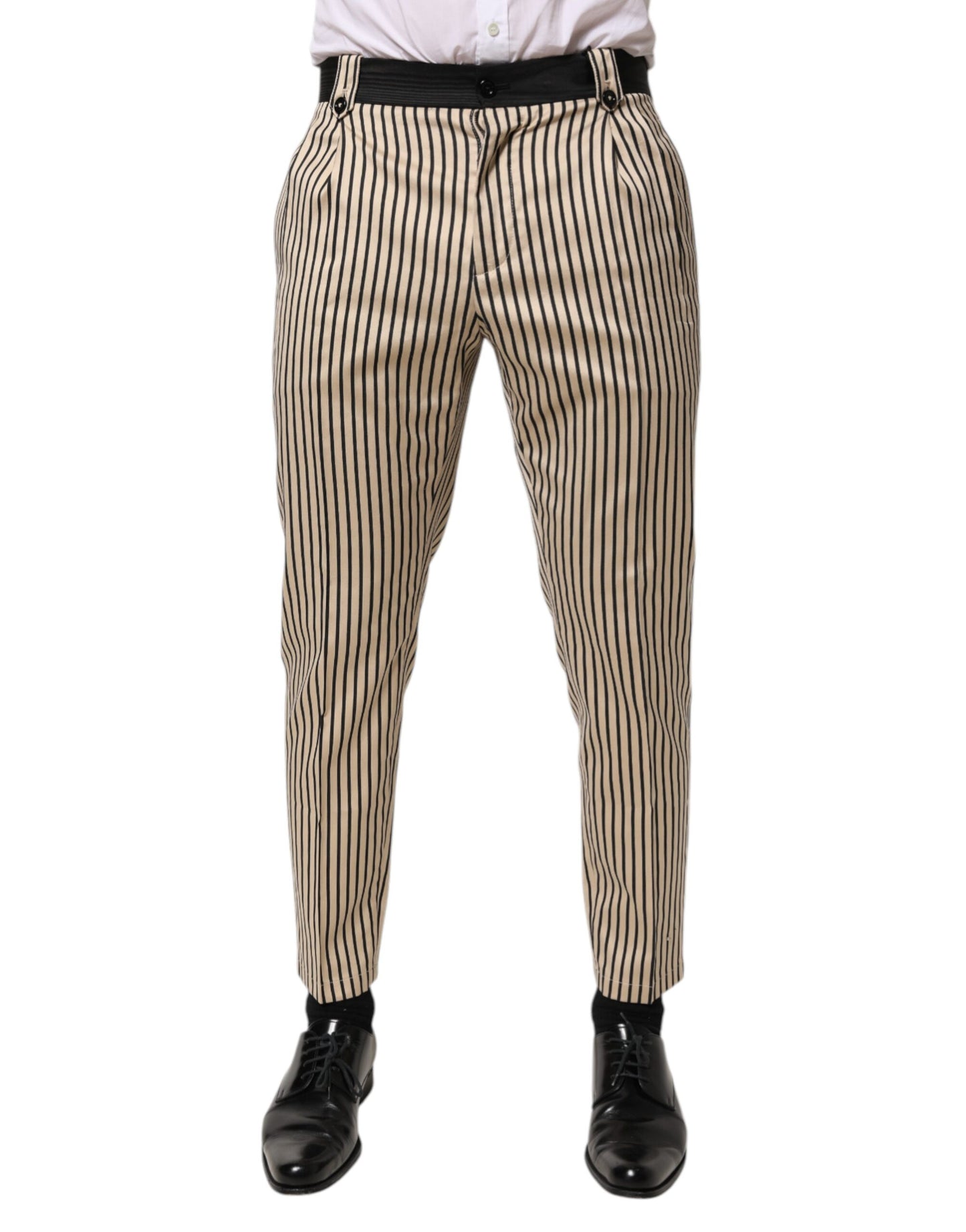 Dolce & Gabbana Beige Black Striped Cotton Slim Fit Trousers
