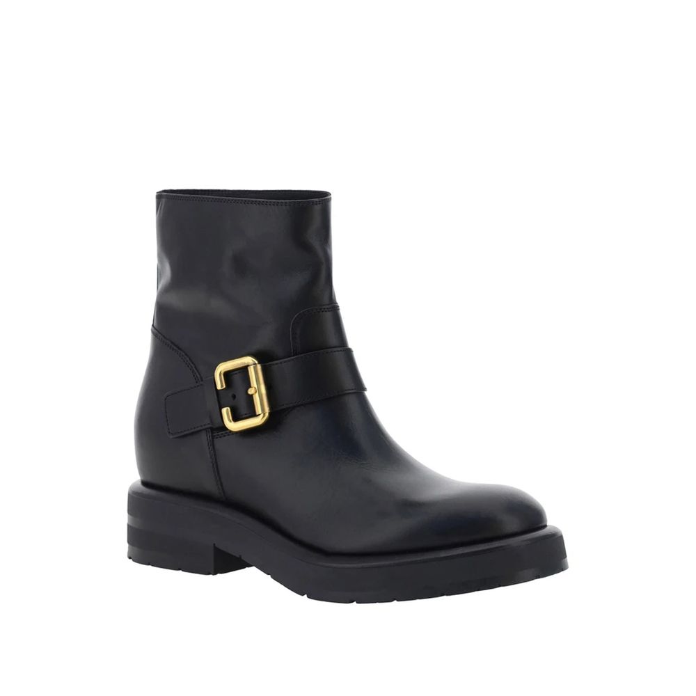 Chloé Black Coddington Biker Boots with Gold Buckle