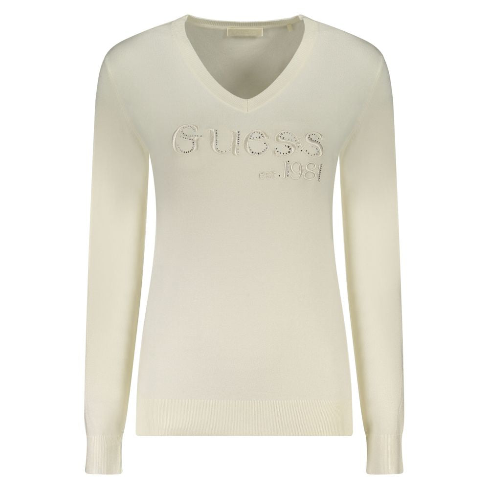 Guess Jeans White Long Sleeved V-Neck Jumper for Women