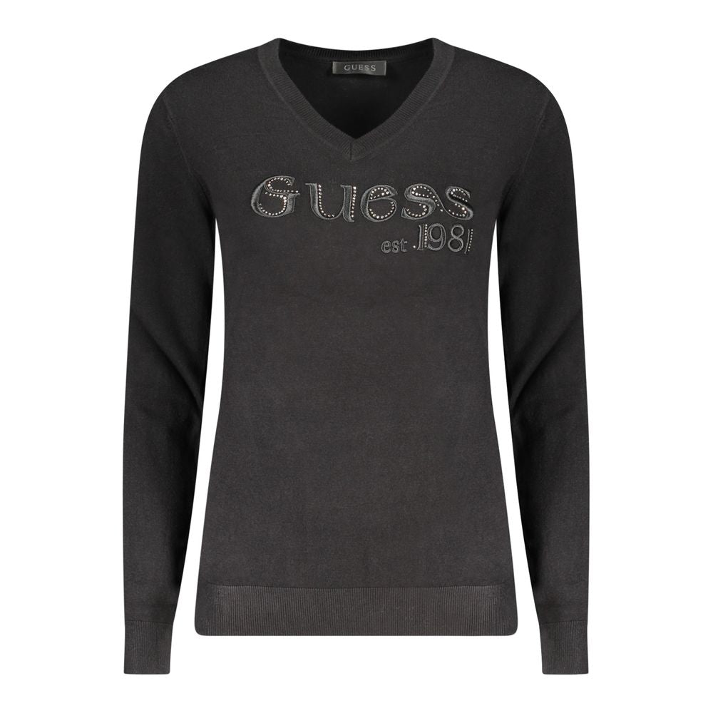Guess Jeans Black Viscose Women Sweater - Chic V-neck with Rhinestones