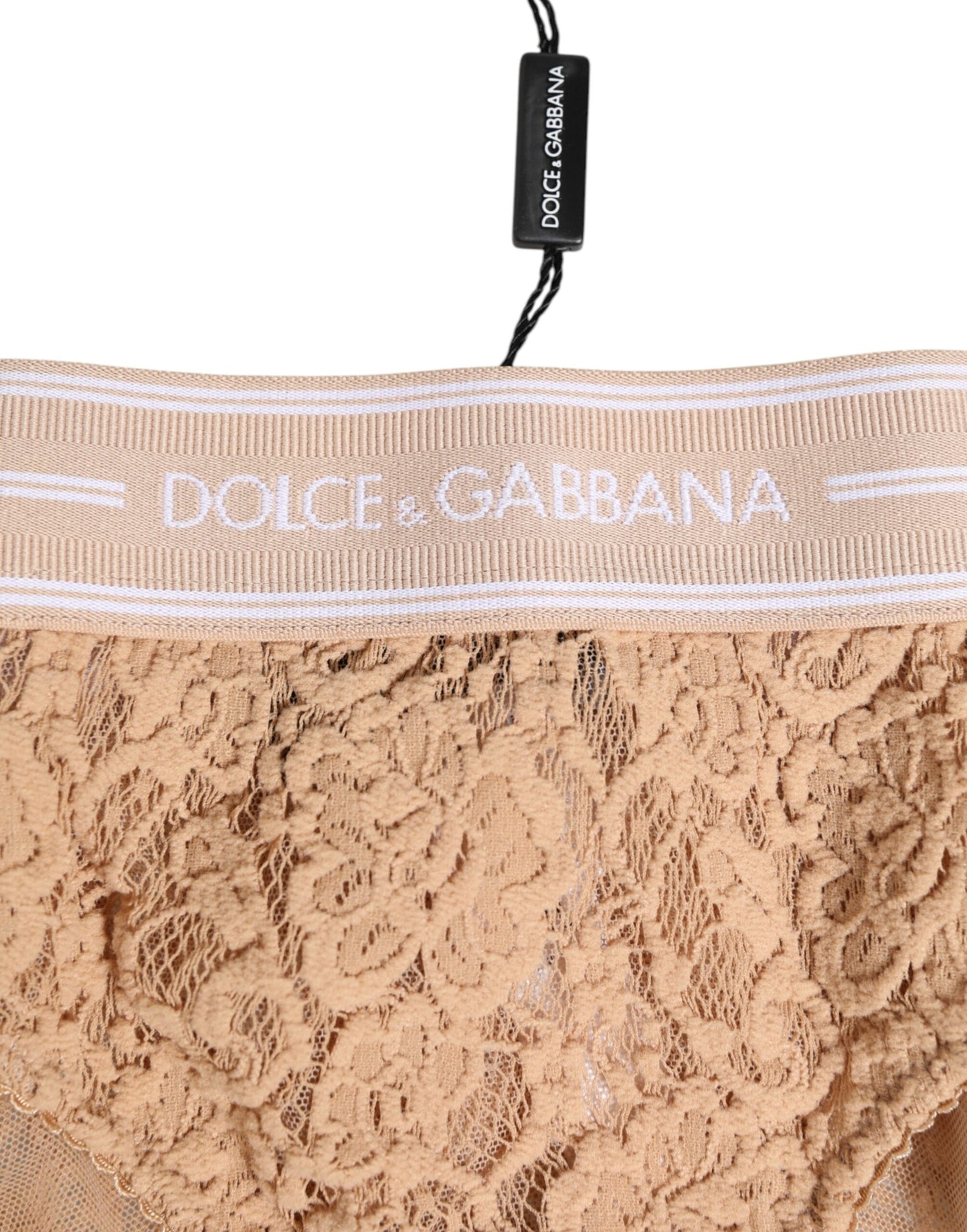Dolce & Gabbana Beige Lace Brasiliano Briefs with Logo Waistband