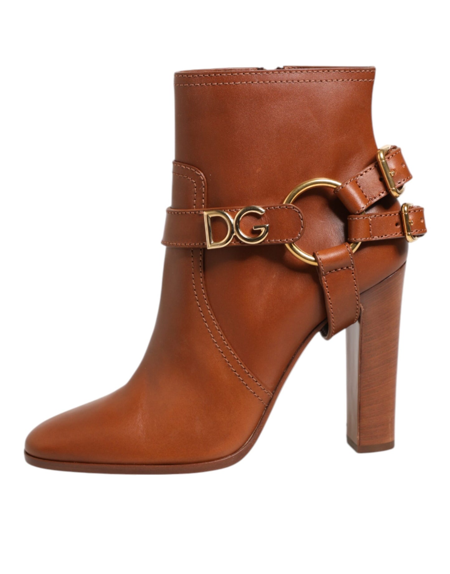 Dolce & Gabbana Brown Leather DG Logo Buckle Ankle Boots