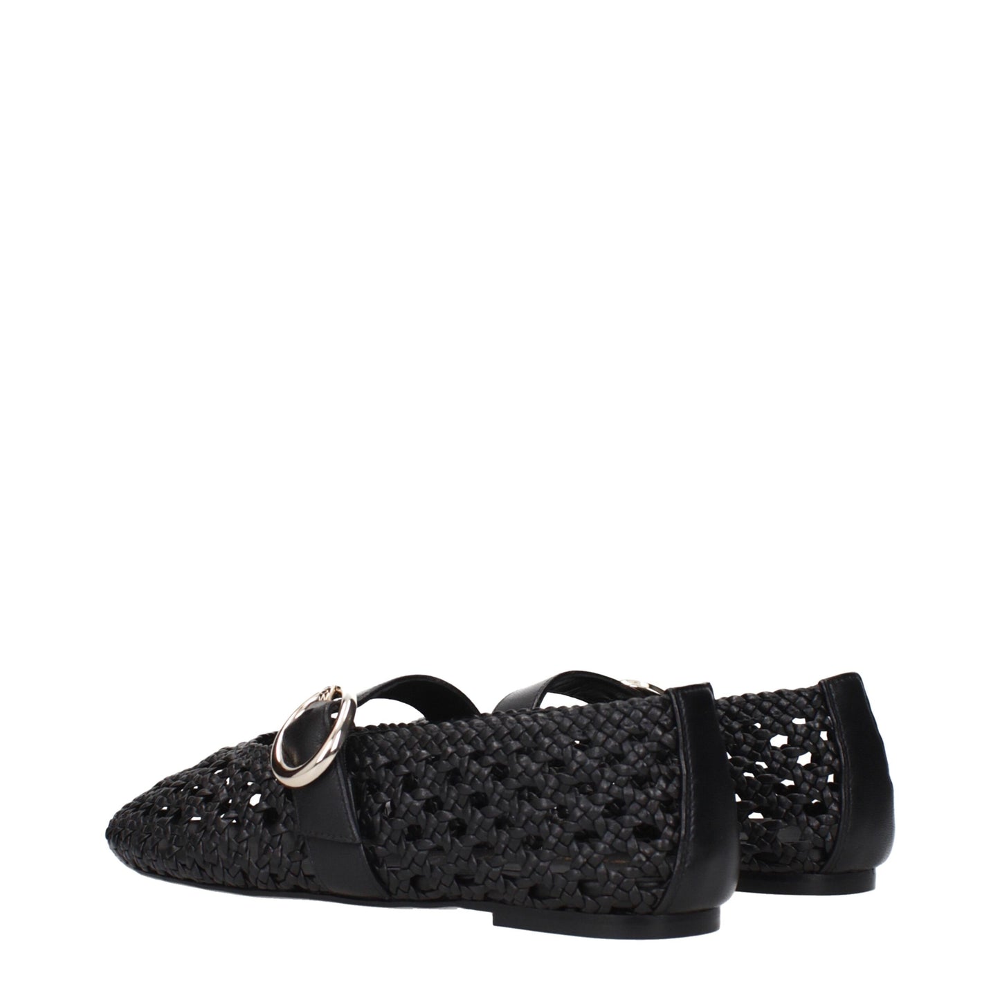Stuart Weitzman Black Woven Leather Ballet Flats with Buckle