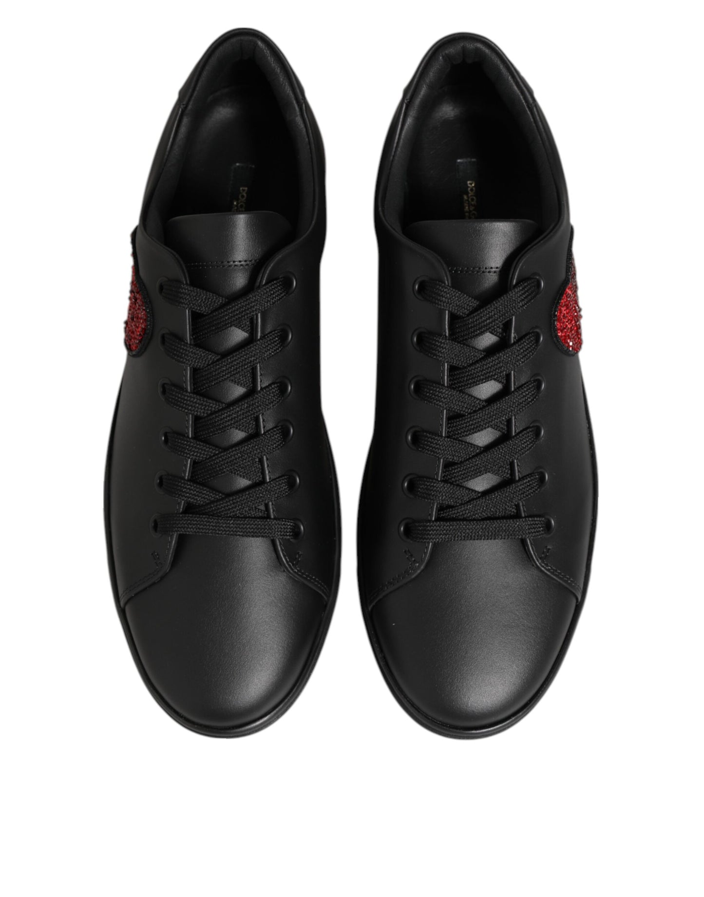 Dolce & Gabbana Black Leather Red Crystal Heart Sneakers for Women