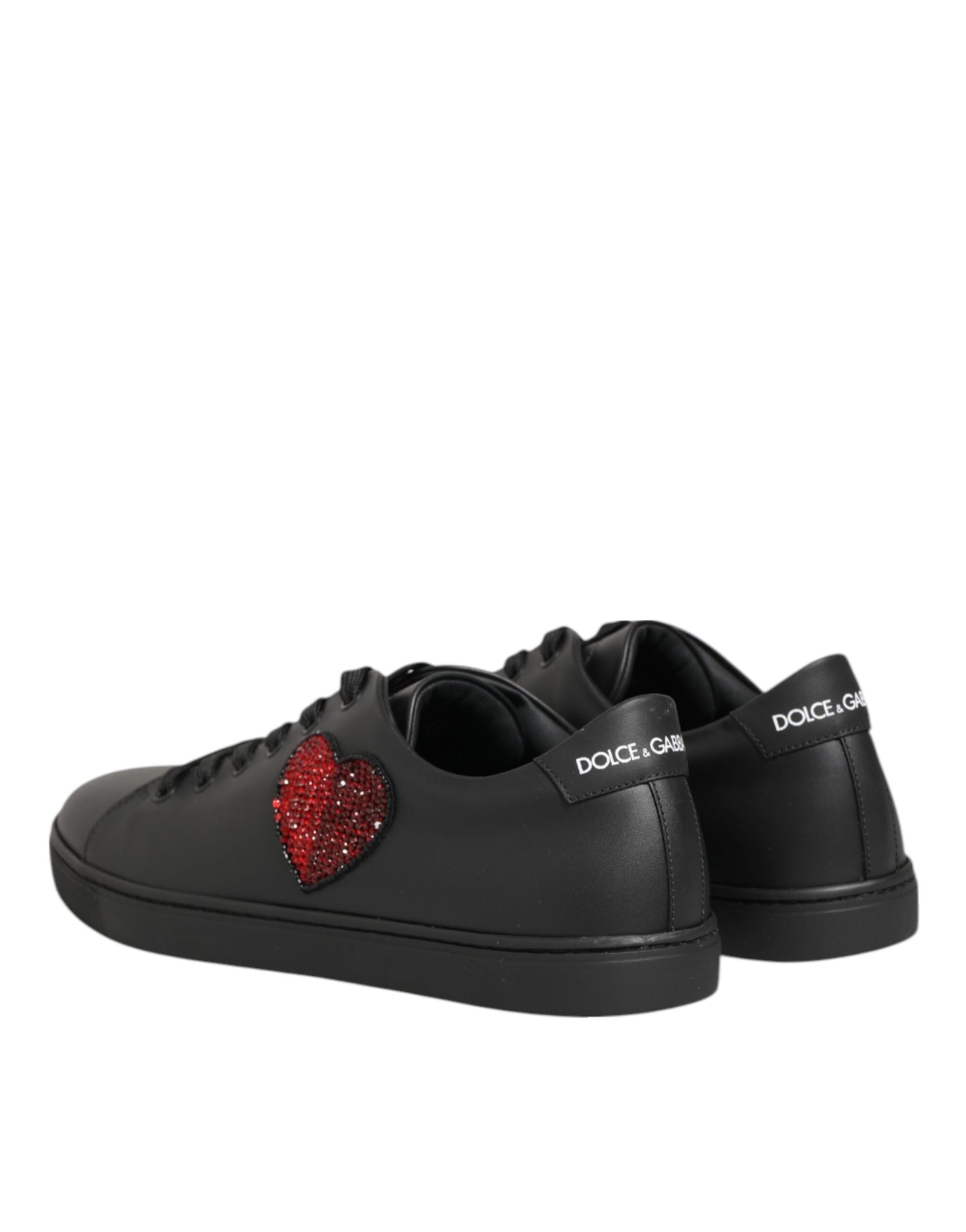 Dolce & Gabbana Black Leather Red Crystal Heart Sneakers for Women