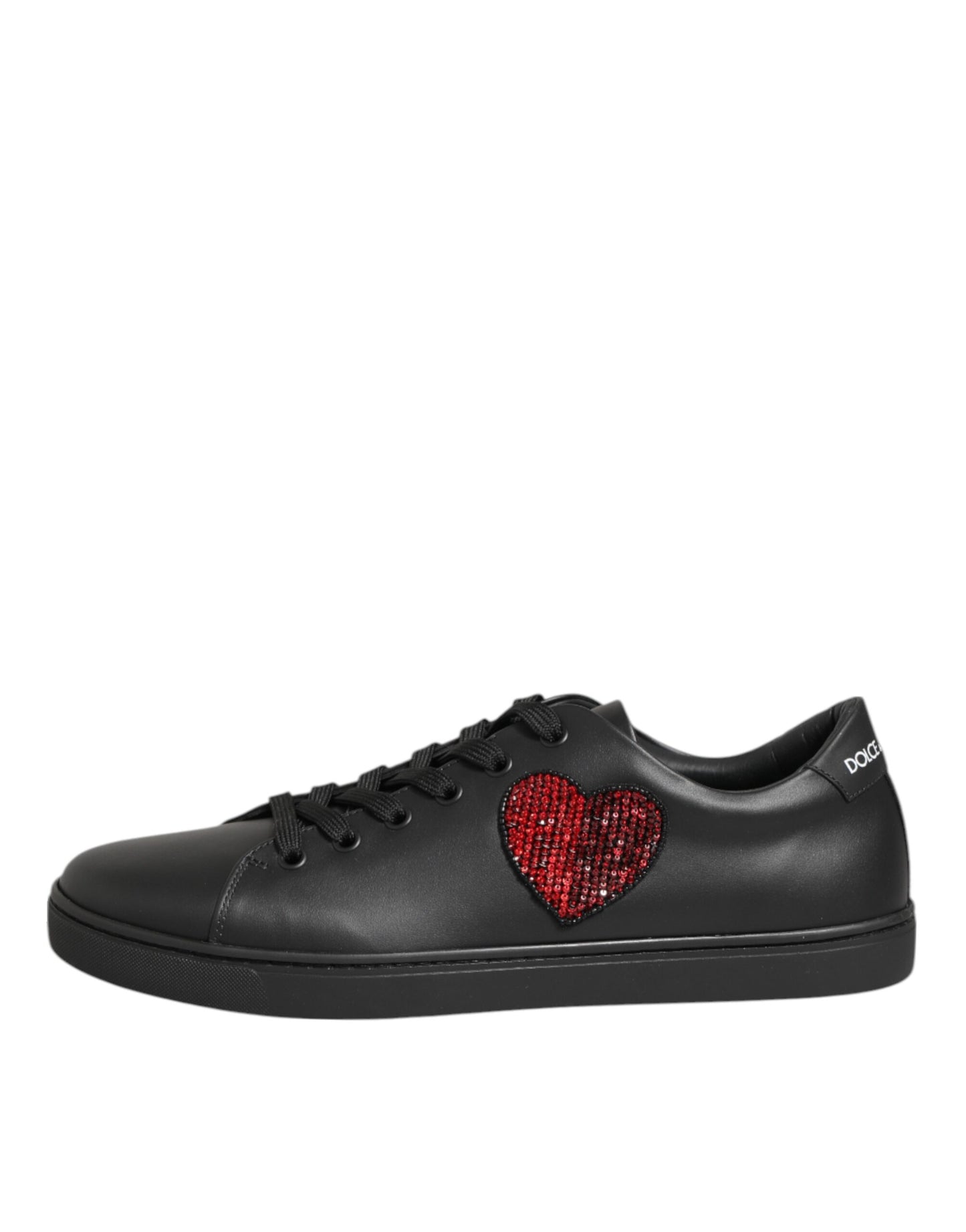 Dolce & Gabbana Black Leather Red Crystal Heart Sneakers for Women
