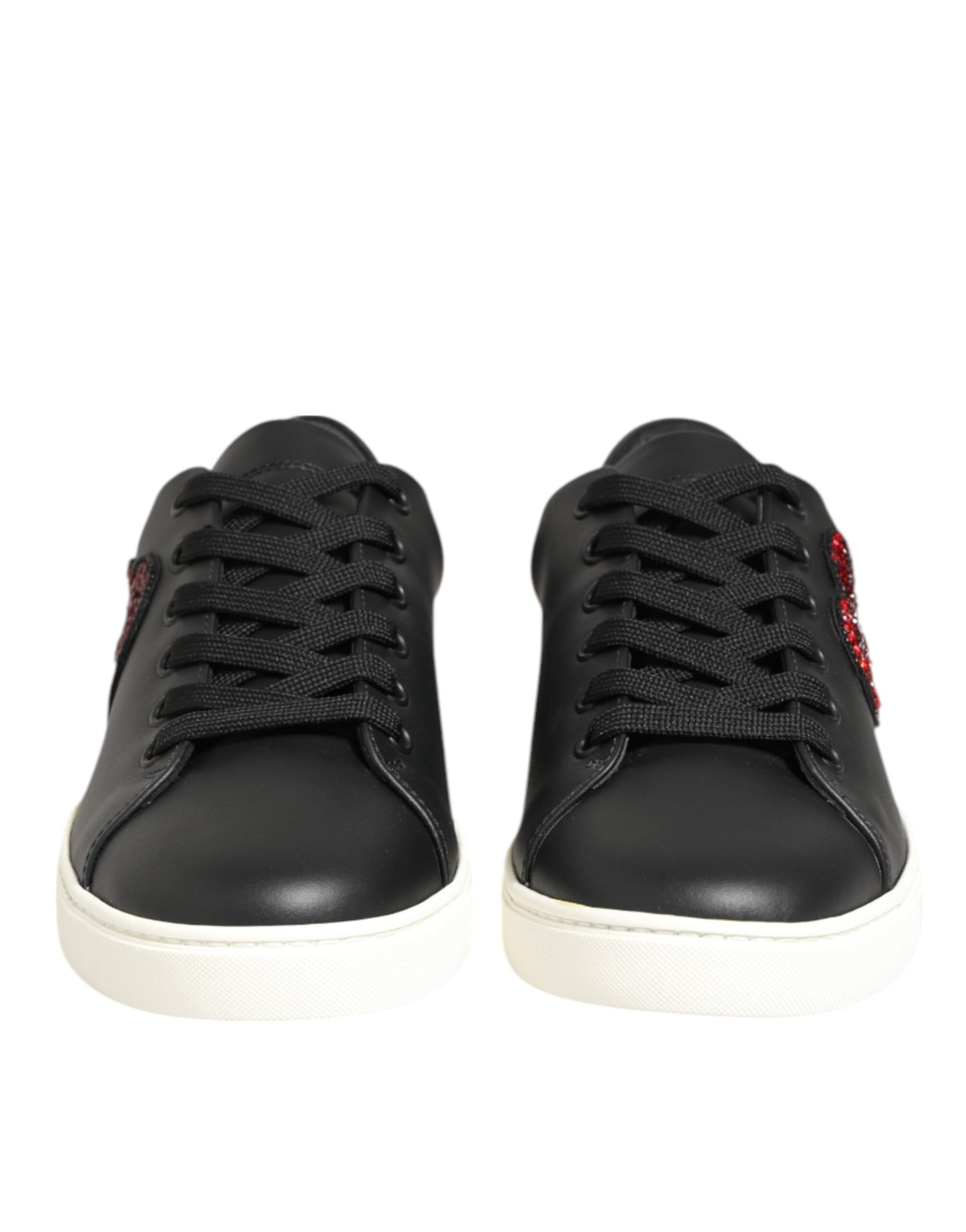 Dolce & Gabbana Black White Leather Crystal Heart Sneakers