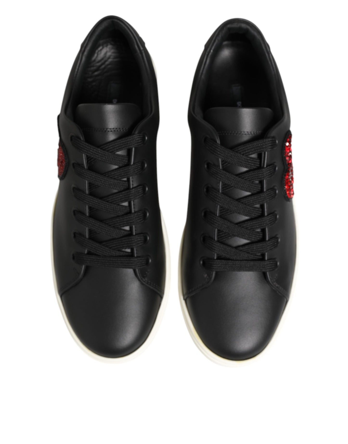Dolce & Gabbana Black White Leather Crystal Heart Sneakers