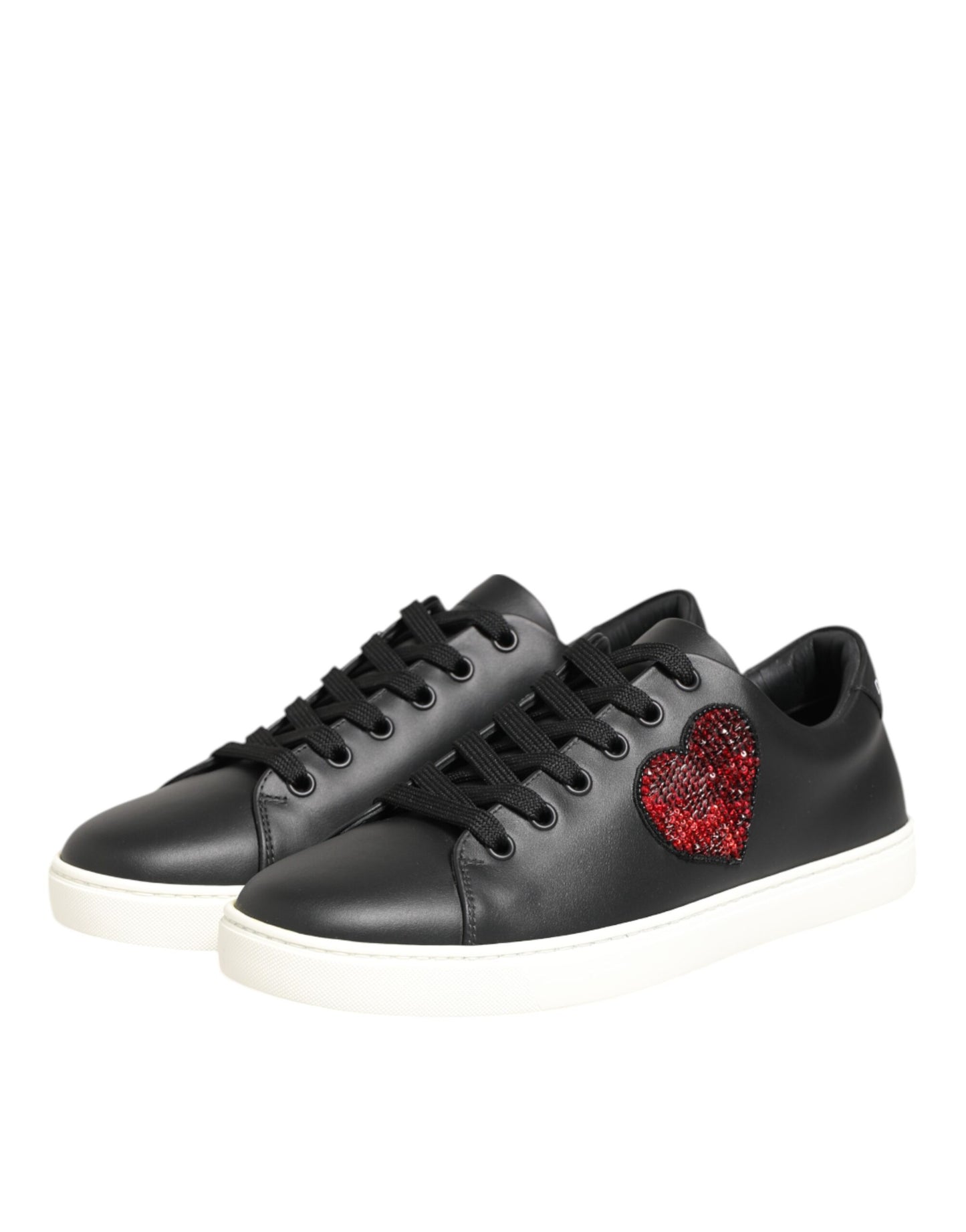 Dolce & Gabbana Black White Leather Crystal Heart Sneakers
