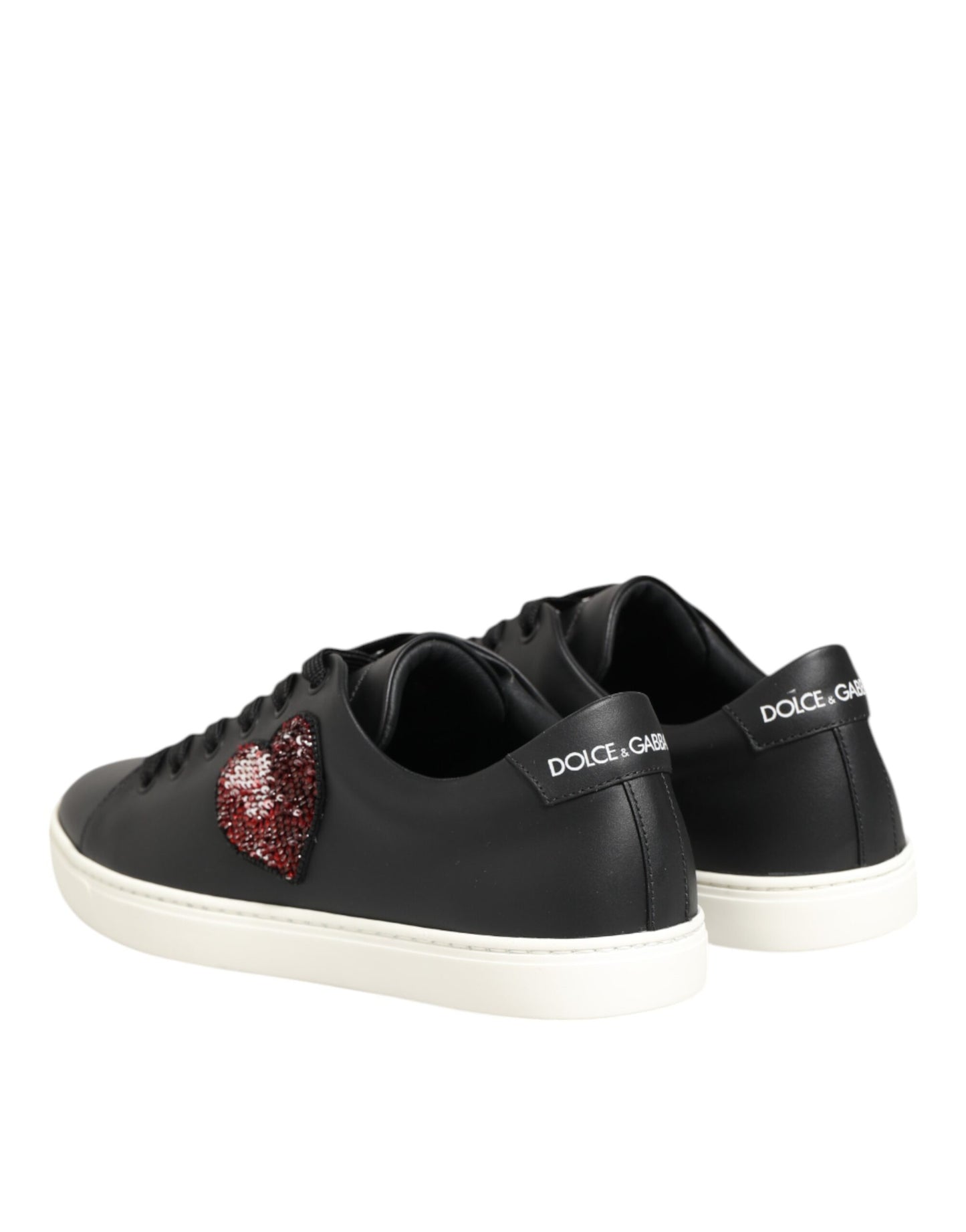 Dolce & Gabbana Black White Leather Crystal Heart Sneakers