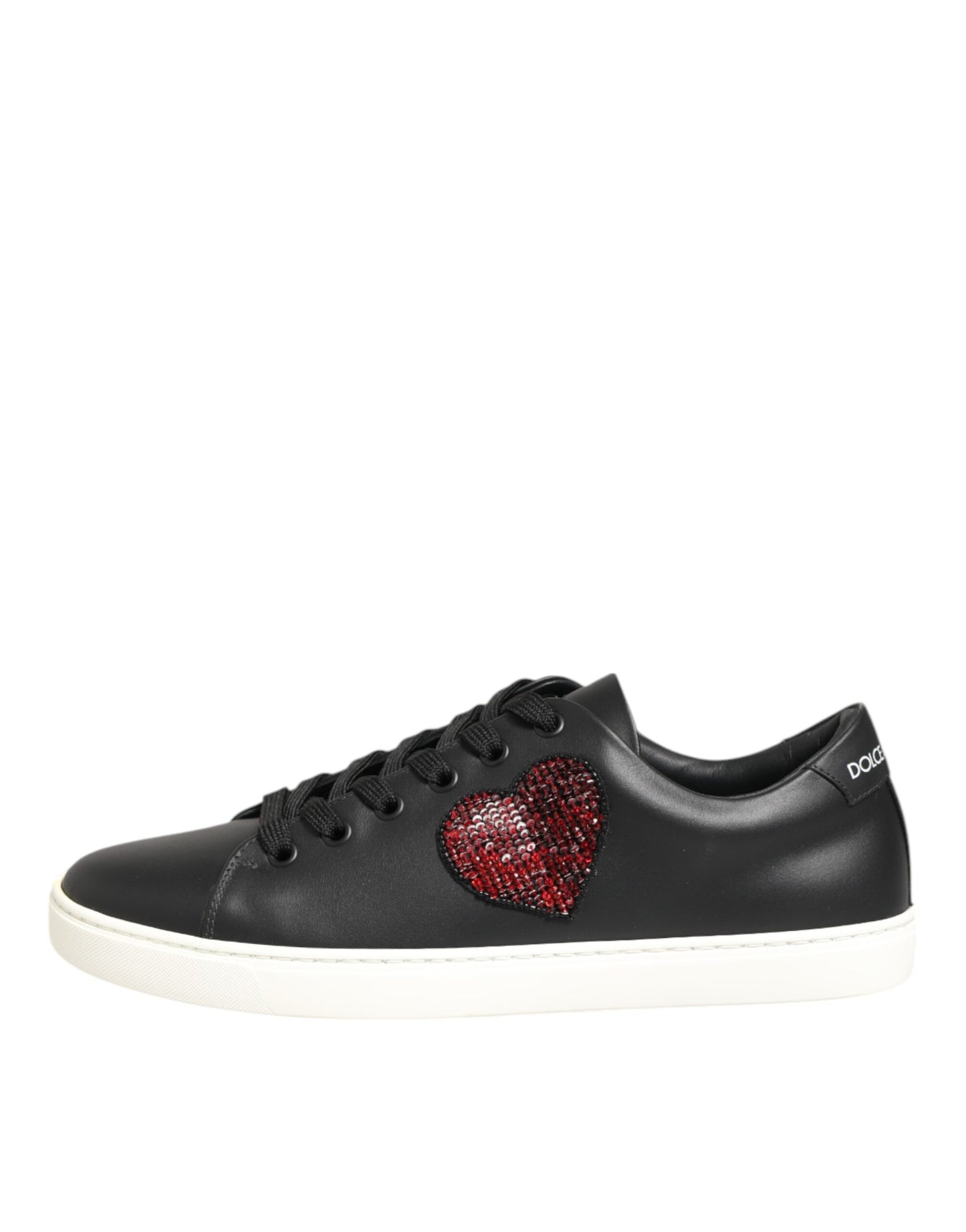 Dolce & Gabbana Black White Leather Crystal Heart Sneakers