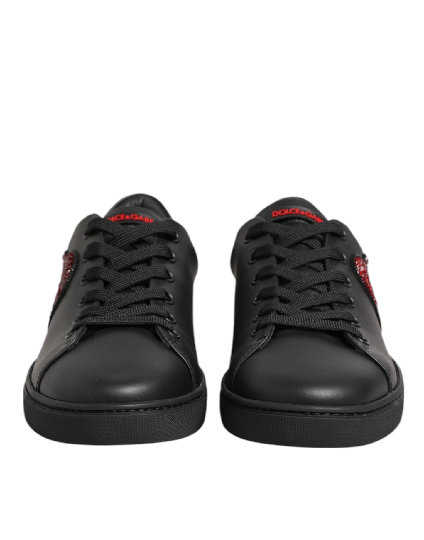 Dolce & Gabbana Black Leather Crystal Heart Low Top Sneakers