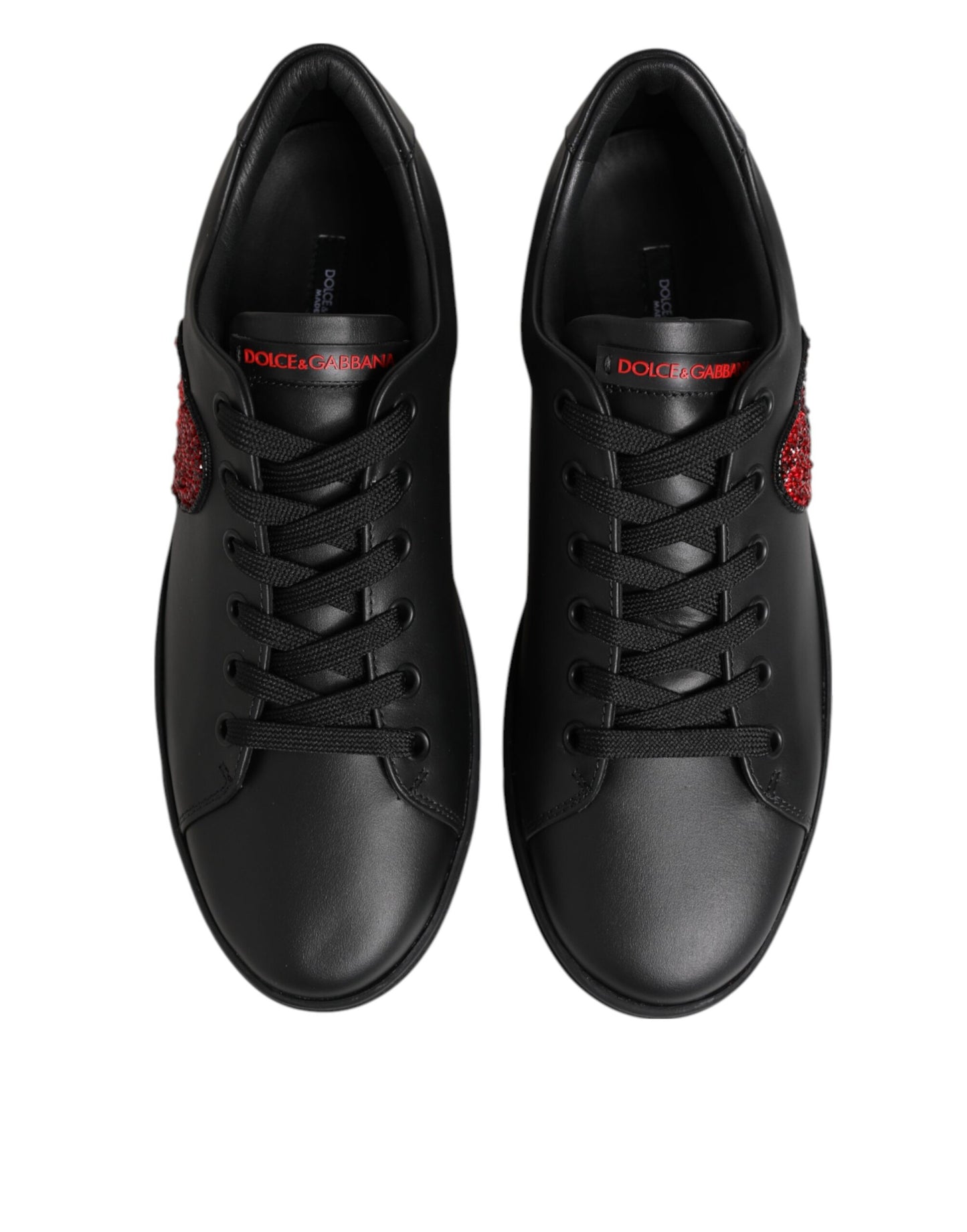 Dolce & Gabbana Black Leather Crystal Heart Low Top Sneakers