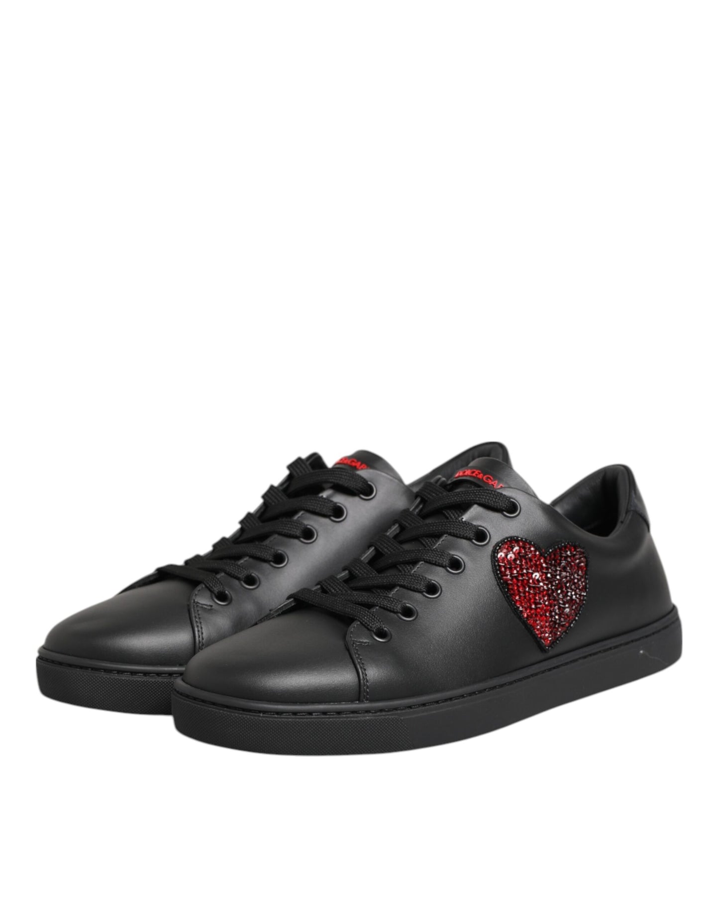 Dolce & Gabbana Black Leather Crystal Heart Low Top Sneakers