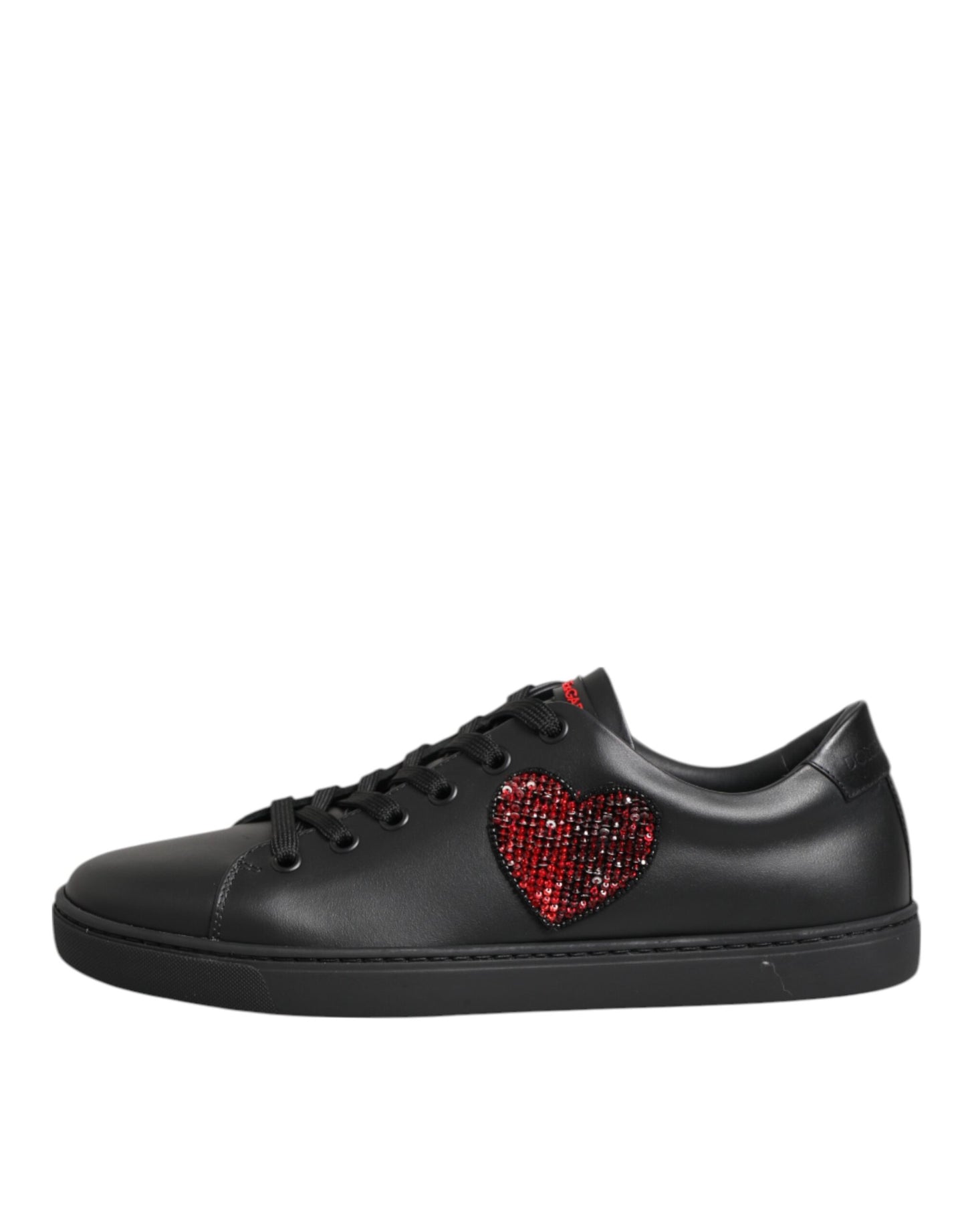Dolce & Gabbana Black Leather Crystal Heart Low Top Sneakers