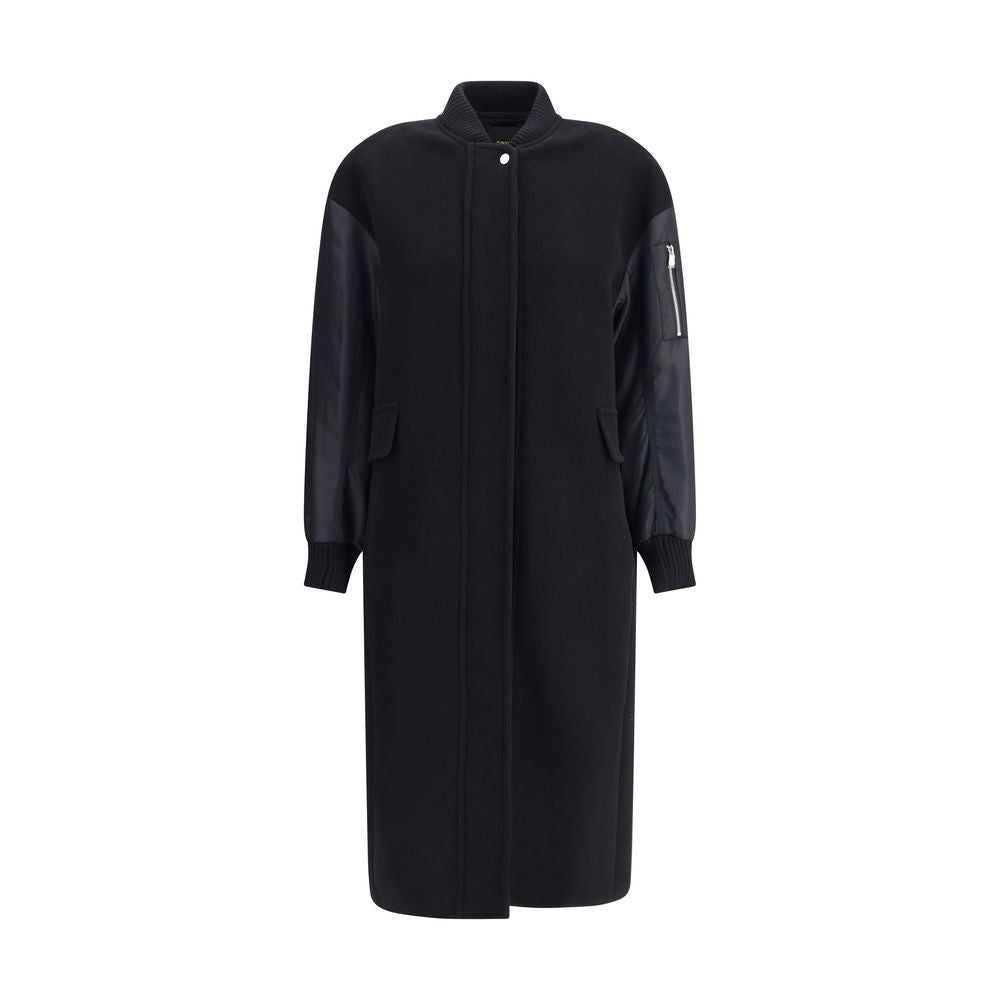 PINKO Black Maxi Bomber Coat with Contrast Satin Sleeves