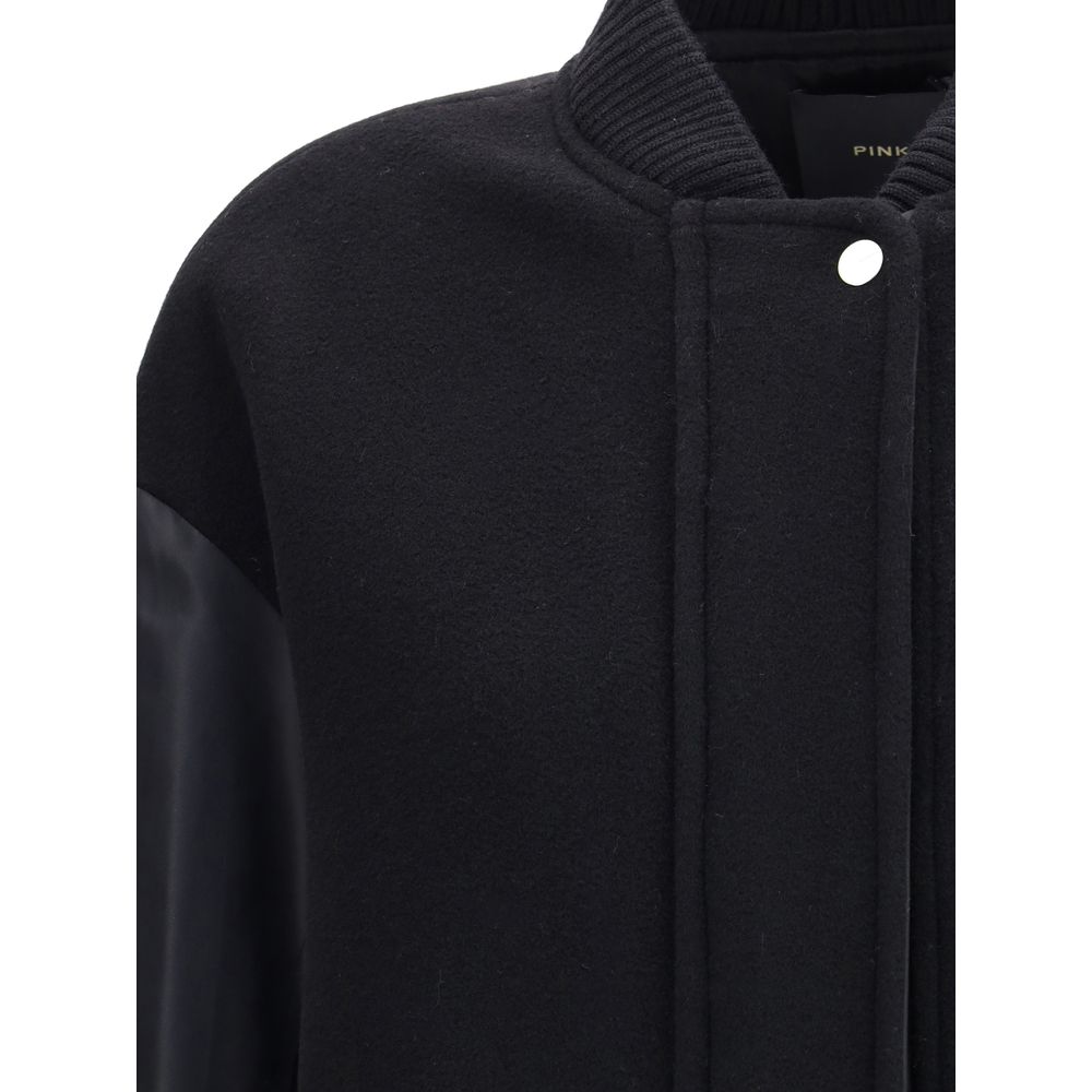 PINKO Black Maxi Bomber Coat with Contrast Satin Sleeves