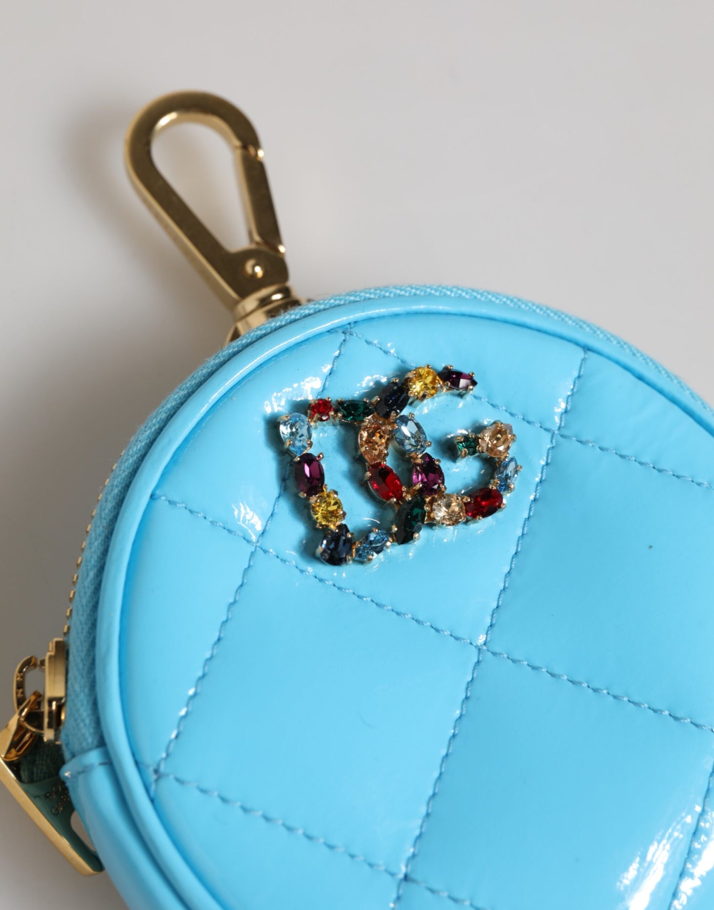 Dolce & Gabbana Azure Blue Leather Round Coin Purse Keychain with Crystal Logo