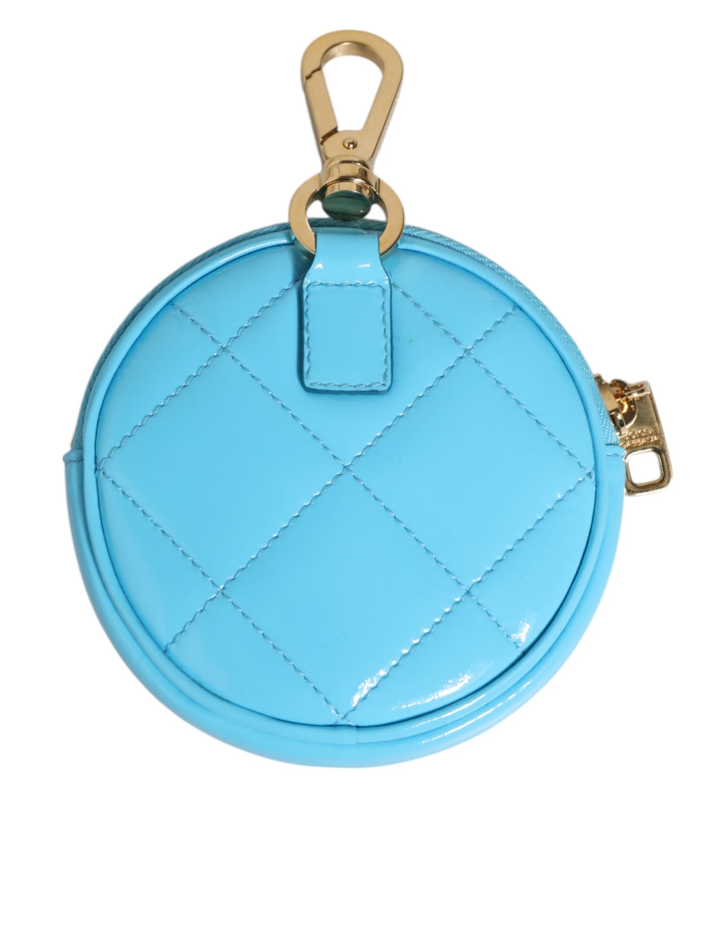 Dolce & Gabbana Azure Blue Leather Round Coin Purse Keychain with Crystal Logo