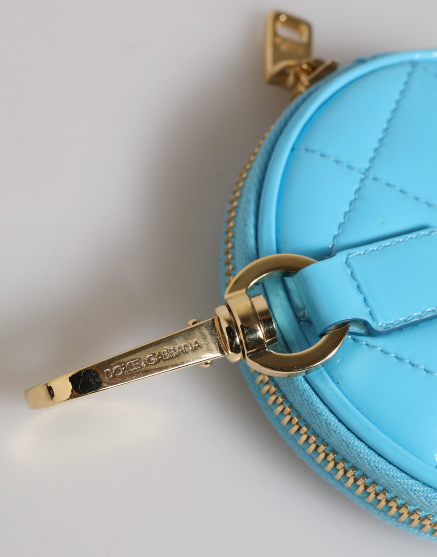 Dolce & Gabbana Azure Blue Leather Round Coin Purse Keychain with Crystal Logo