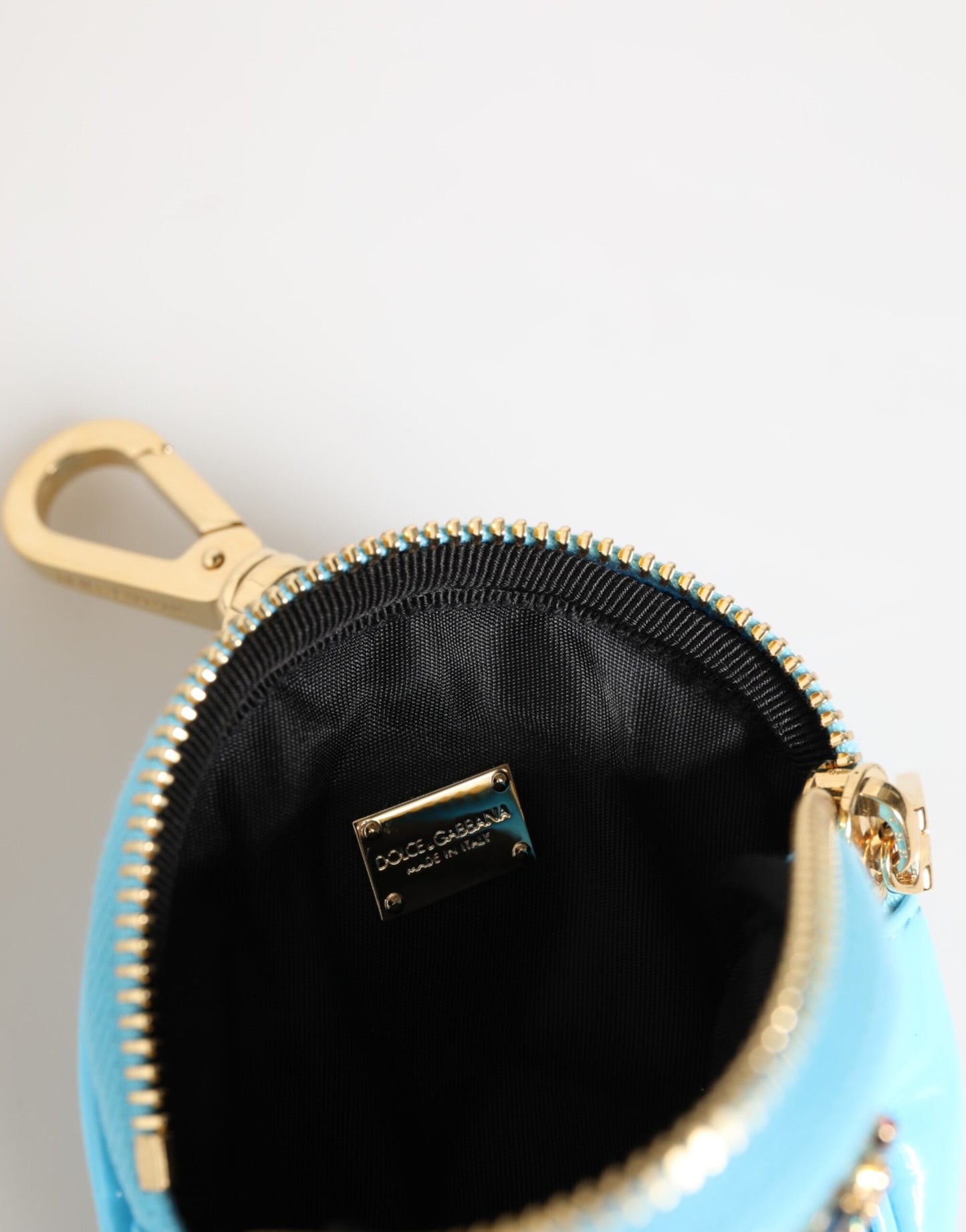 Dolce & Gabbana Azure Blue Leather Round Coin Purse Keychain with Crystal Logo